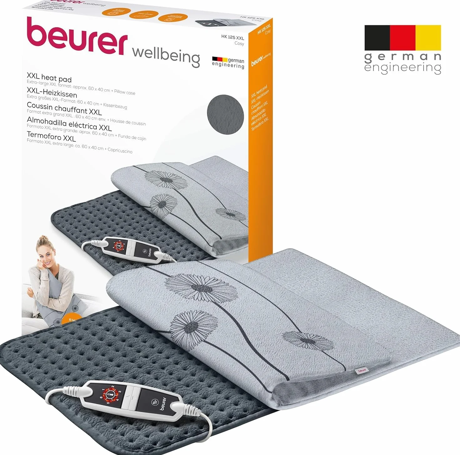 Beurer HK 125 Almohadilla eléctrica XXL, 6 ajustes temperatura, desconexión automática, lavable, 60x40 cm