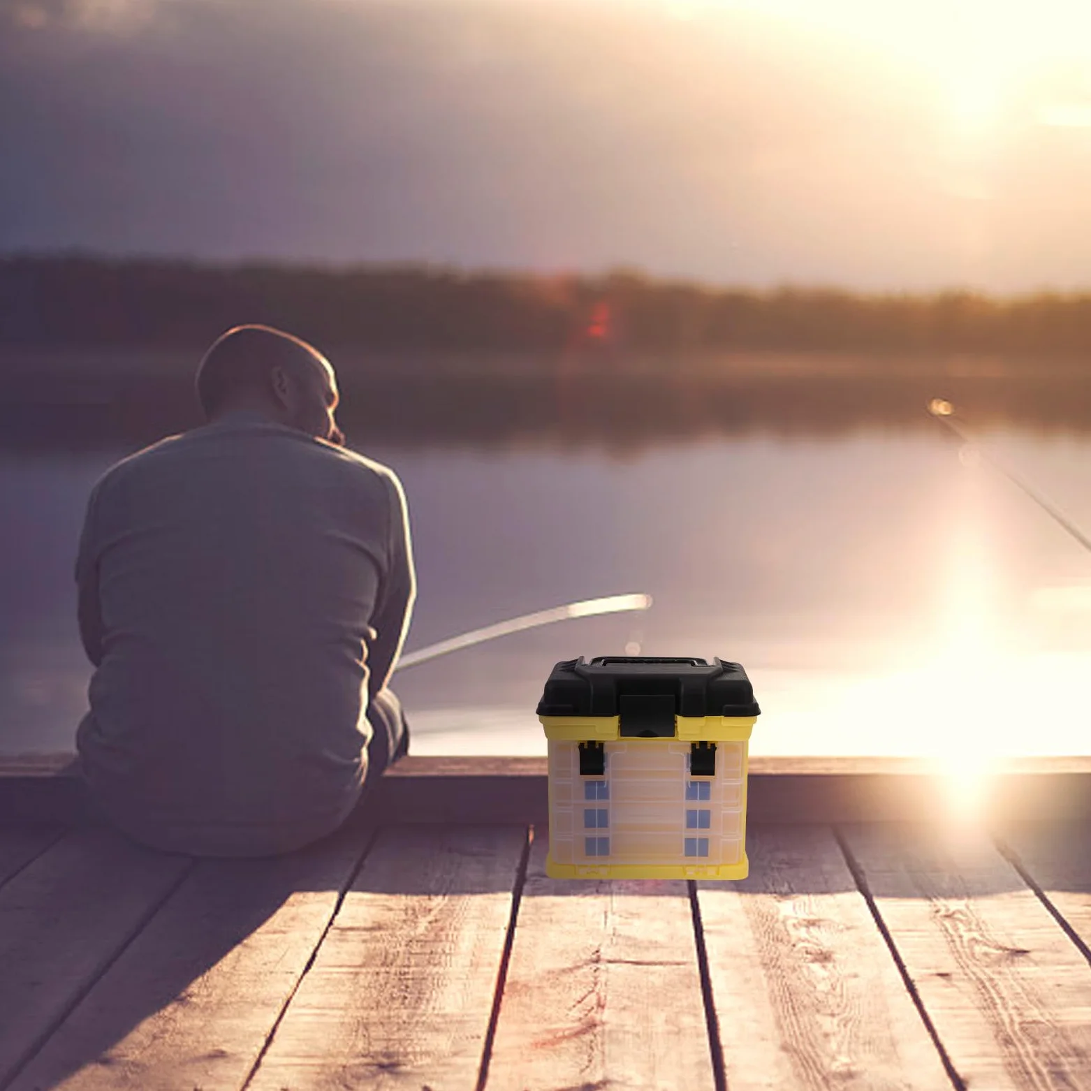 Amosfun Caja de Aparejos de Pesca de 4 Capas, Gran Capacidad, PP Abs | Amarillo, para Señuelos y Accesorios, Fácil de Llevar, Resistente al Desgaste Caídas