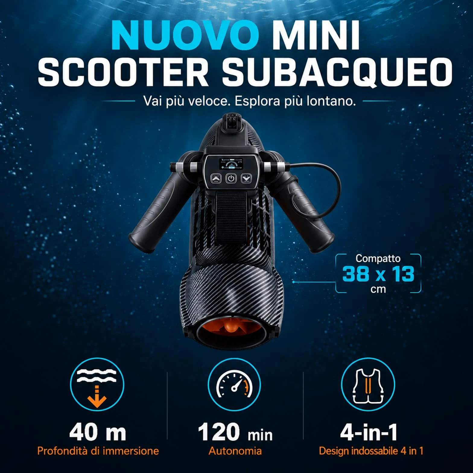 Sea Scooter 650W, Velocidad 7 km/h y Profundidad 40 m, Empuje Potente para Entrenamiento en Piscina Adultos, Snorkel, Equipo de Buceo y Alternativa a Flotadores de Piscina
