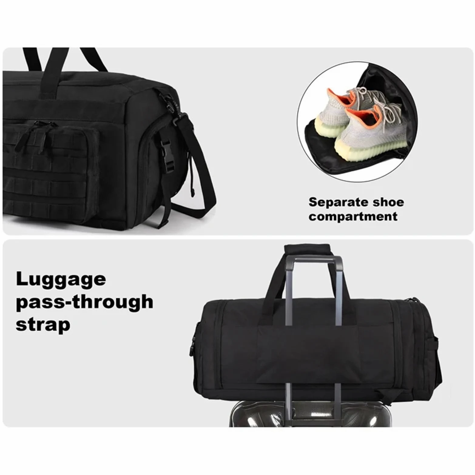 Bolsa Deporte Bolsa de Lona Viaje 3 en 1 50L for Hombre, Bolsas Deportivas Grandes for Gimnasio, Mochila con Compartimento for Zapatos y Bolsillo húmedo(Black and White)