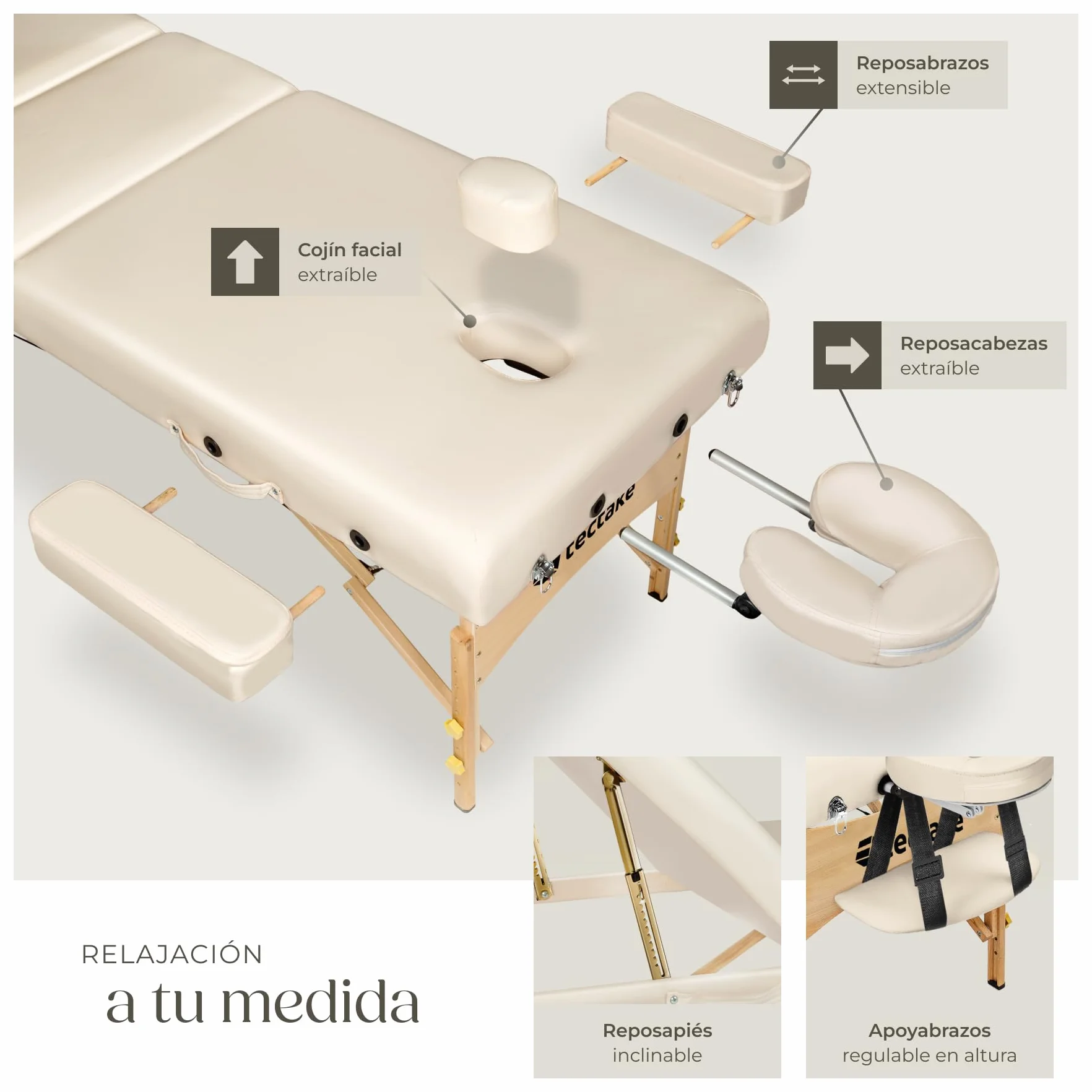 Camilla Masaje Plegable Portátil Ajustable 250kg Acolchado 7,5cm Beige
