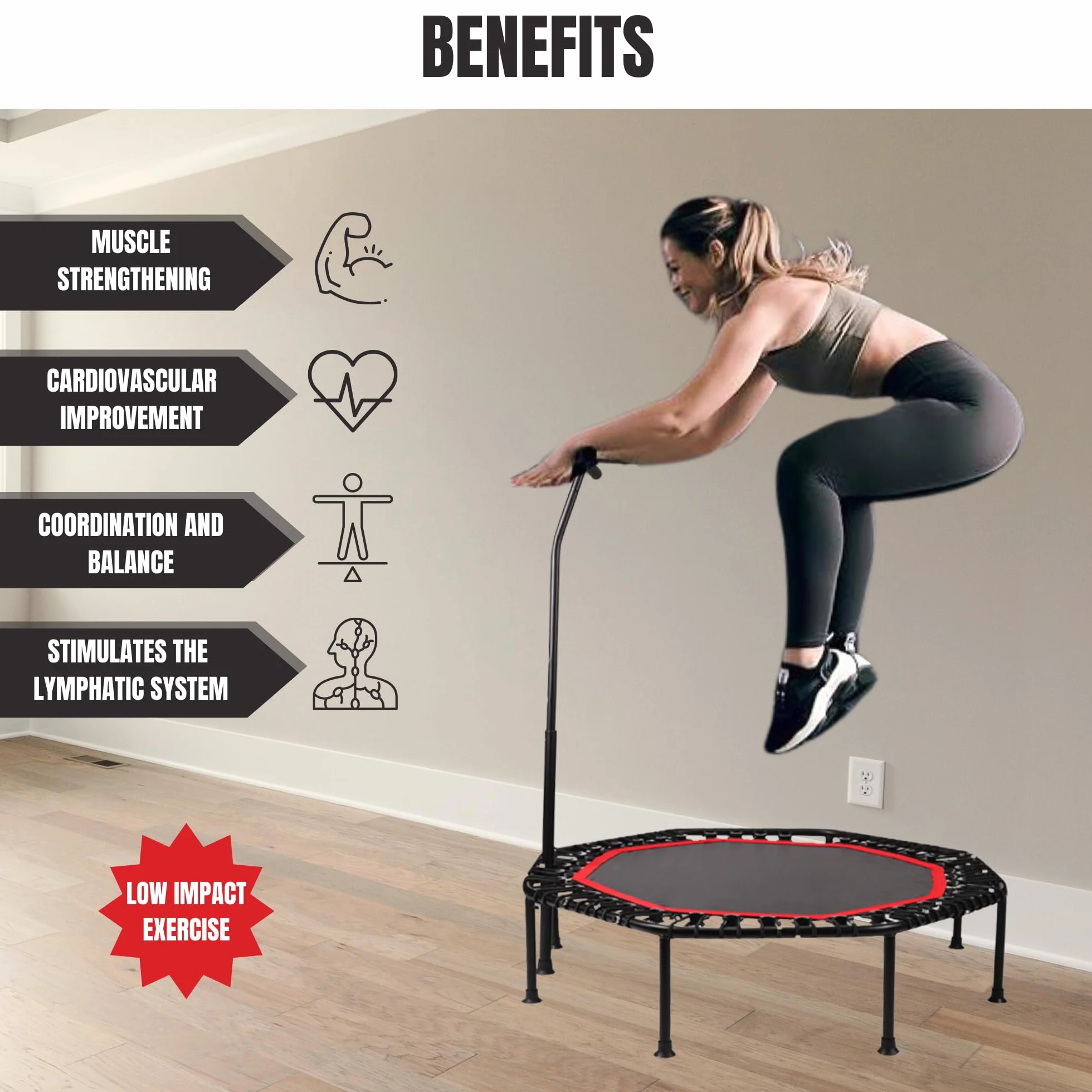 Trampolín Fitness Plegable Silencioso Ø90cm Octogonal con Apoyabrazos Ajustable para Adultos y Niños