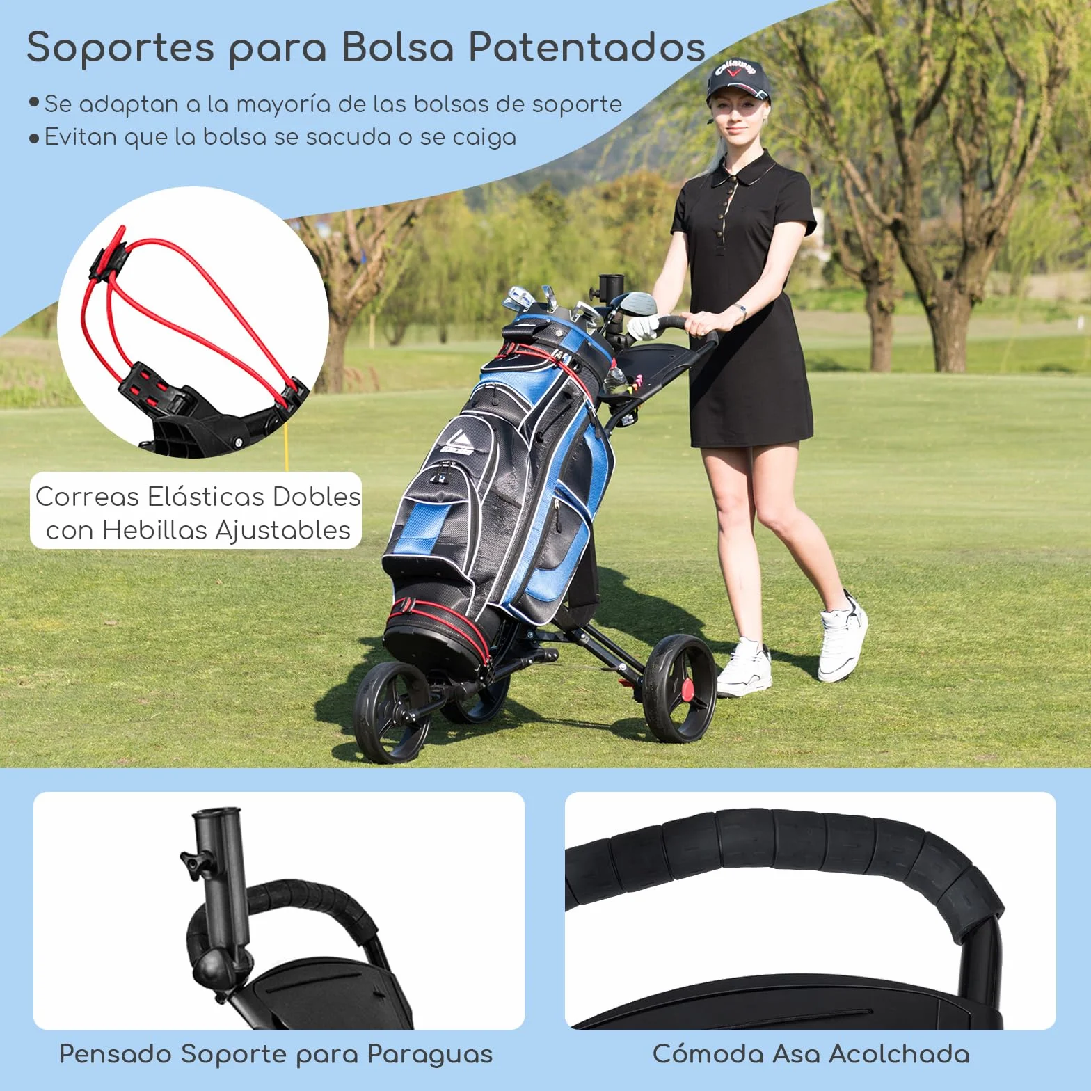 COSTWAY Carrito de Golf 3 Ruedas Plegable Ajustable Aluminio con Paragüero Negro