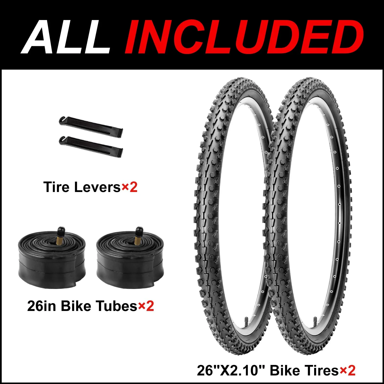 WHEELO Juego de neumáticos para bicicleta de montaña: paquete de 2 neumáticos de bicicleta plegables de repuesto de 26 x 2.1 pulgadas y par de tubos interiores de válvula Schrader con palancas de