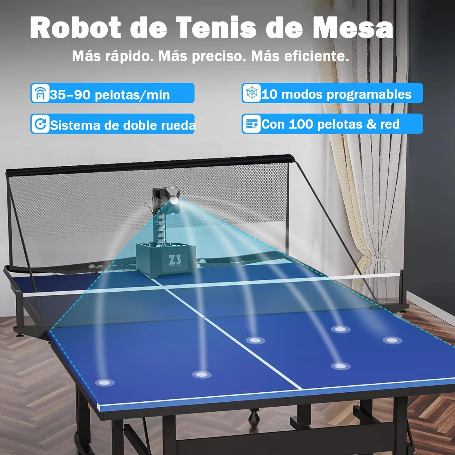 OUKANING Máquina automática de ping pong con mando a distancia, 100 bolas y red, robot de ping pong ball lanzador 35-90 bolas/min, 10 modos y sistema de doble rueda, ping pong ball máquina