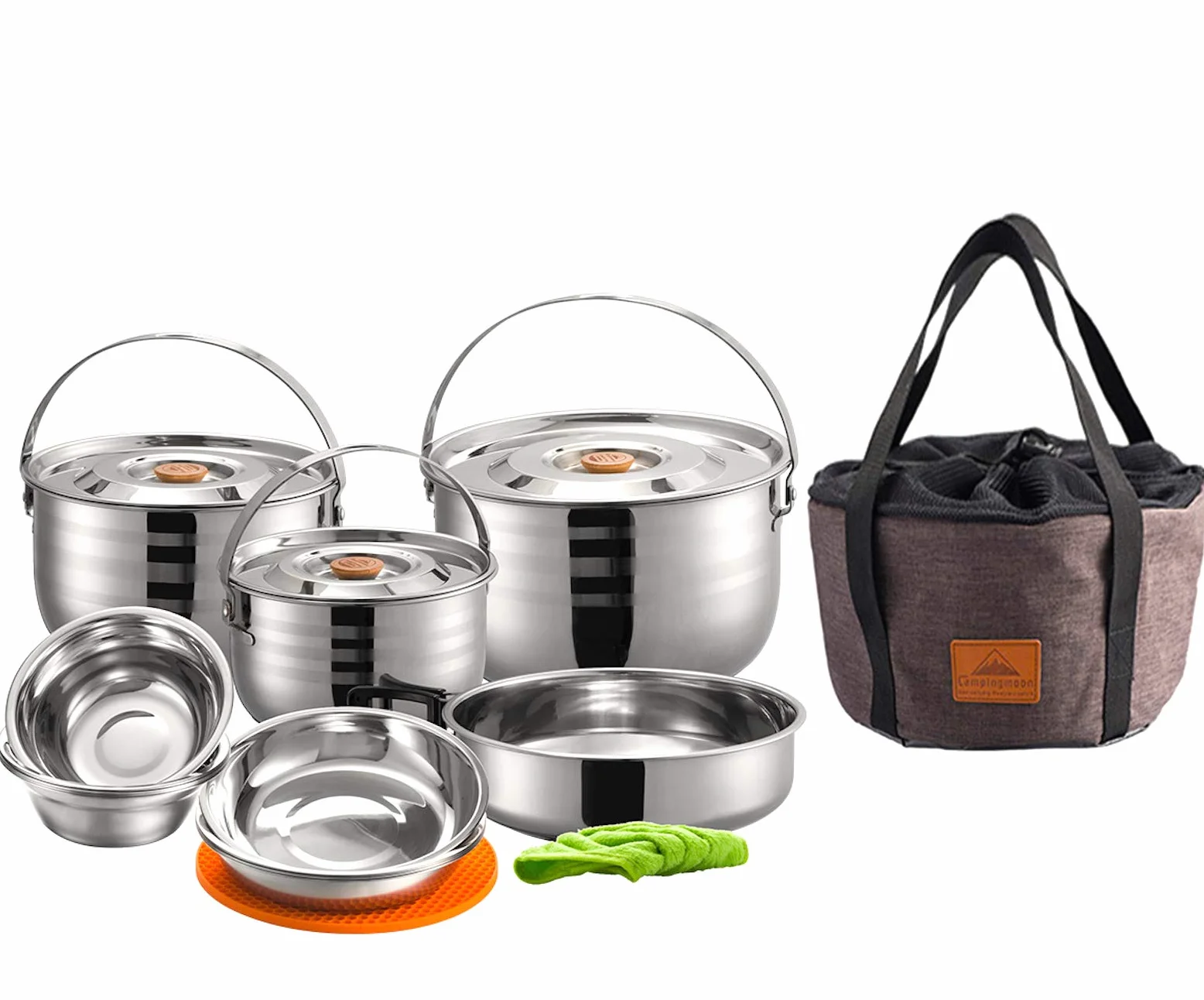 CAMPINGMOON - Juego de utensilios de cocina de acero inoxidable para acampar al aire libre, ollas y sartenes con bolsa de transporte de almacenamiento