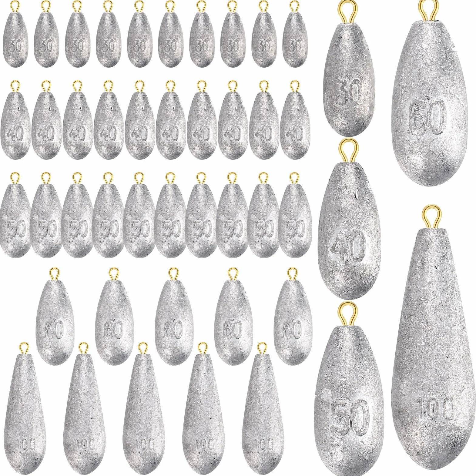 Hiboom Kit de 40 piezas de pesas de pesca, plomos de pesca con forma aerodinámica, plomos de pesca extraíbles, accesorios de pesca de agua salada, 30 g, 40 g, 50 g, 60 g, 100 g