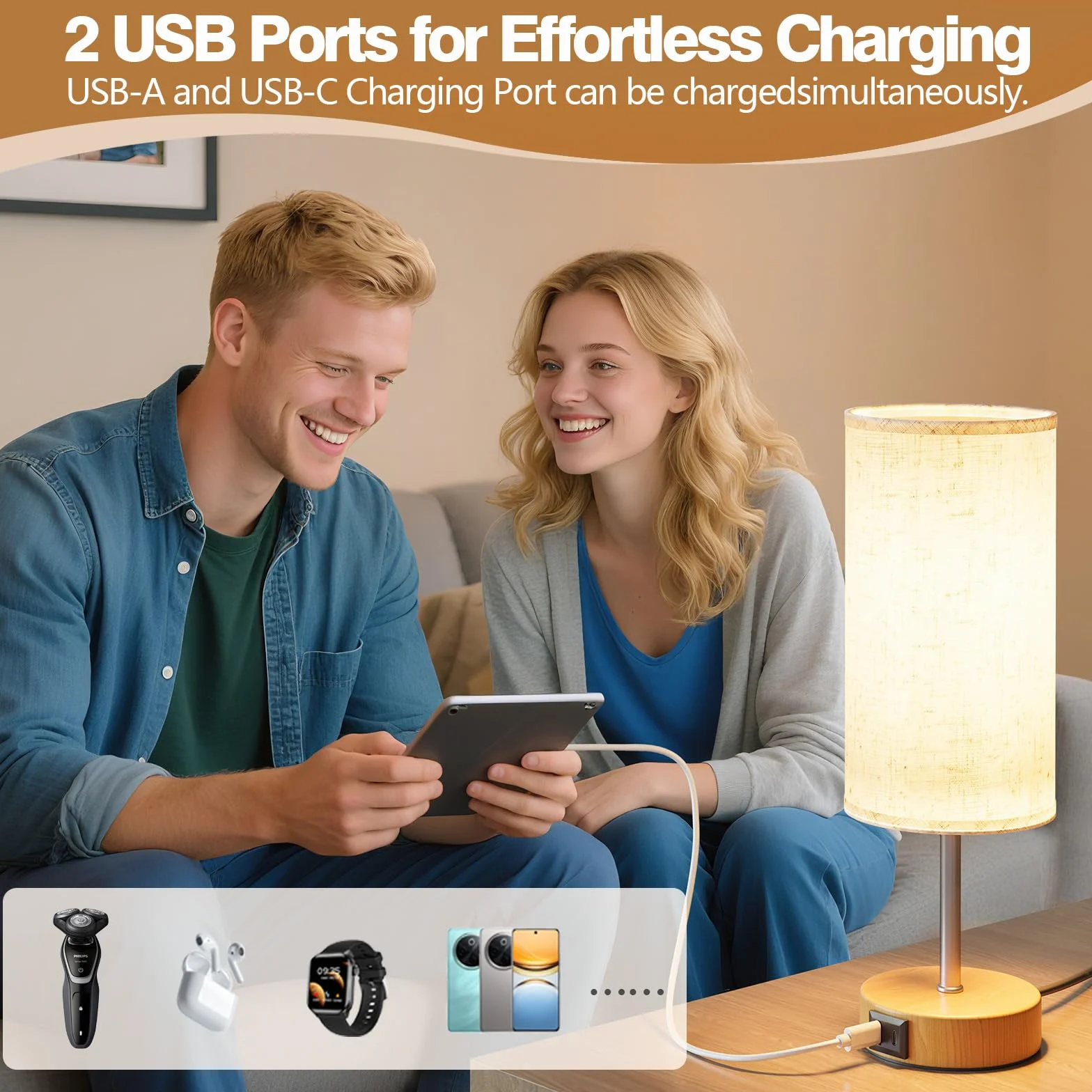 Lámparas de Mesita de Noche con Control Táctil USB-A USB-C Regulables 3 Niveles Pantalla de Lino Set de 2