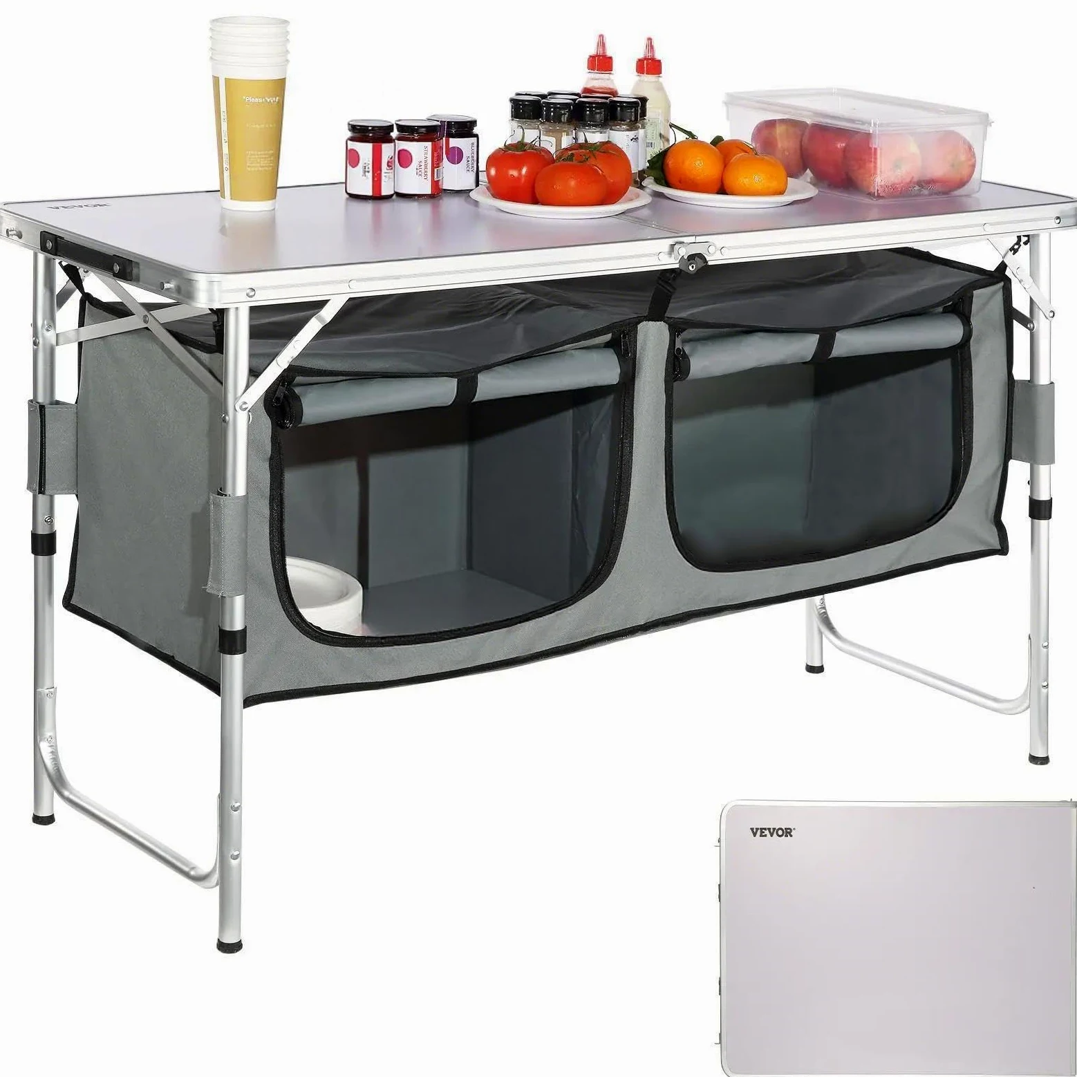 VEVOR Mueble de Cocina para Camping 120x47x70 cm Armario de Camping Plegable Portátil Estructura de Aluminio Altura Ajustable Mesa de cocina para acampar con Bolsa de Transporte para Barbacoa Pícnic