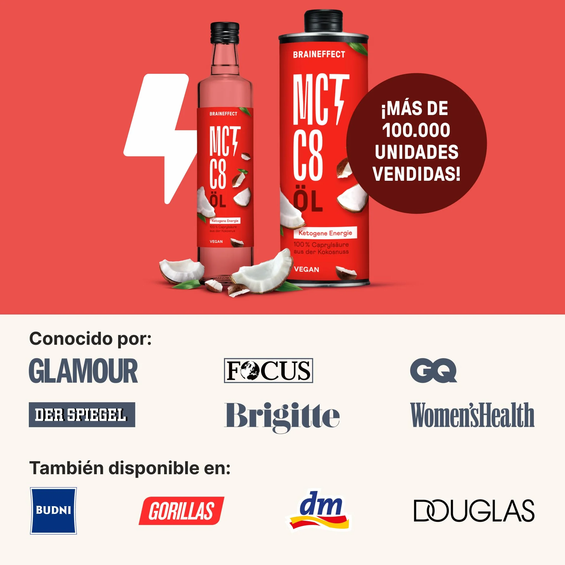 BRAINEFFECT Aceite MCT 100% C8 1000 ml Botella metálica protectora