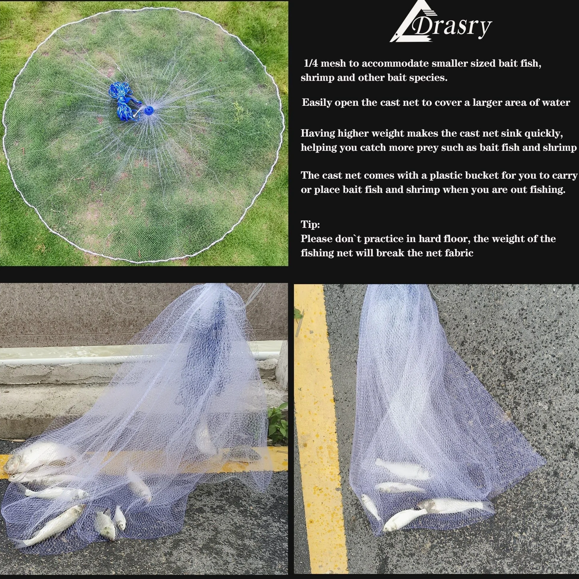 Drasry Red de pesca de agua salada para trampa de cebo con plomos pesados, red de tiro de peces. Tamaño de redes de agua dulce de 0,9 m/1,2 m/1,5 m/1,8 m/2,1 m/2,4 m/2,7 m/3 m