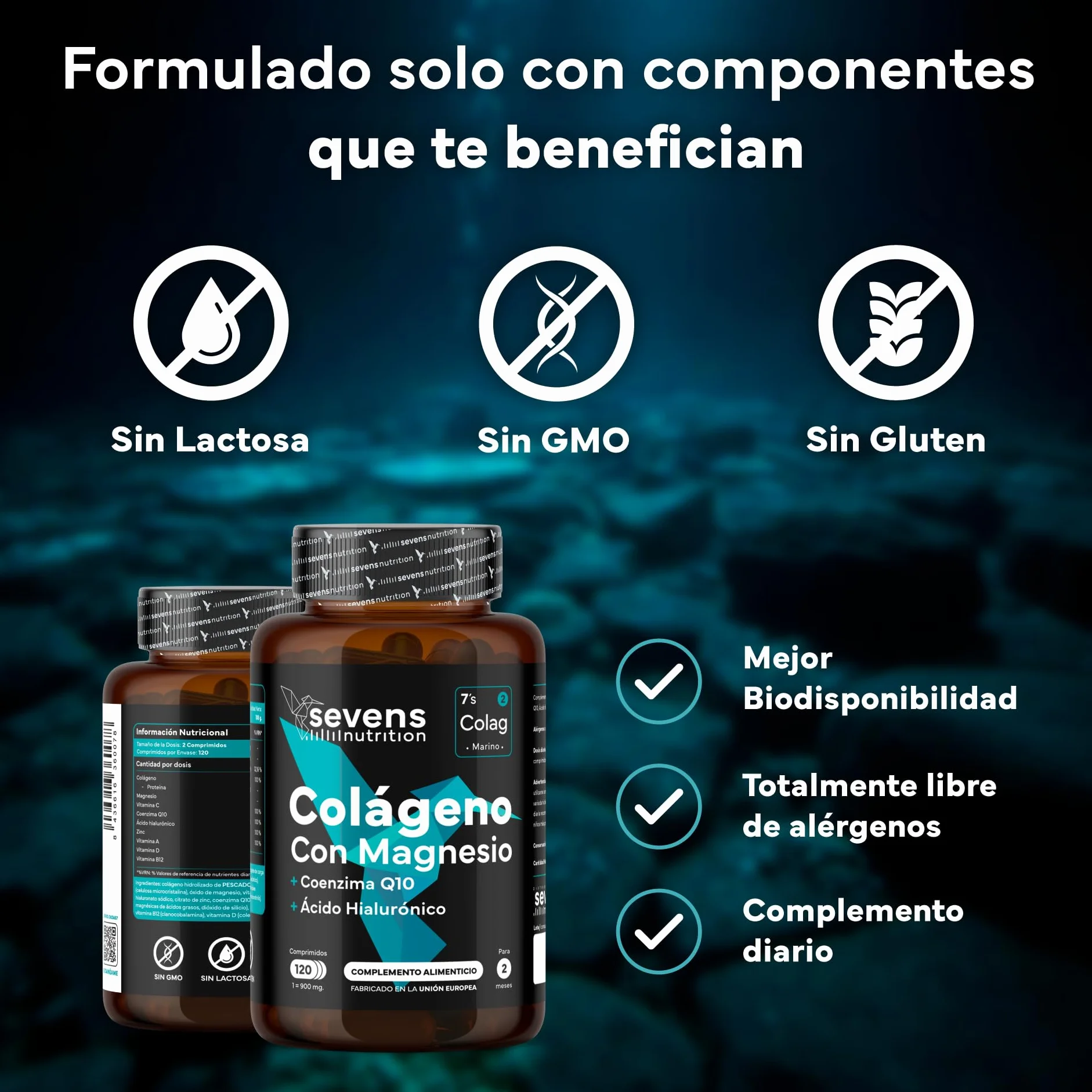 Sevens Colágeno Hidrolizado Puro con Magnesio, Ácido Hialurónico y Coenzima Q10 - 120 Cápsulas
