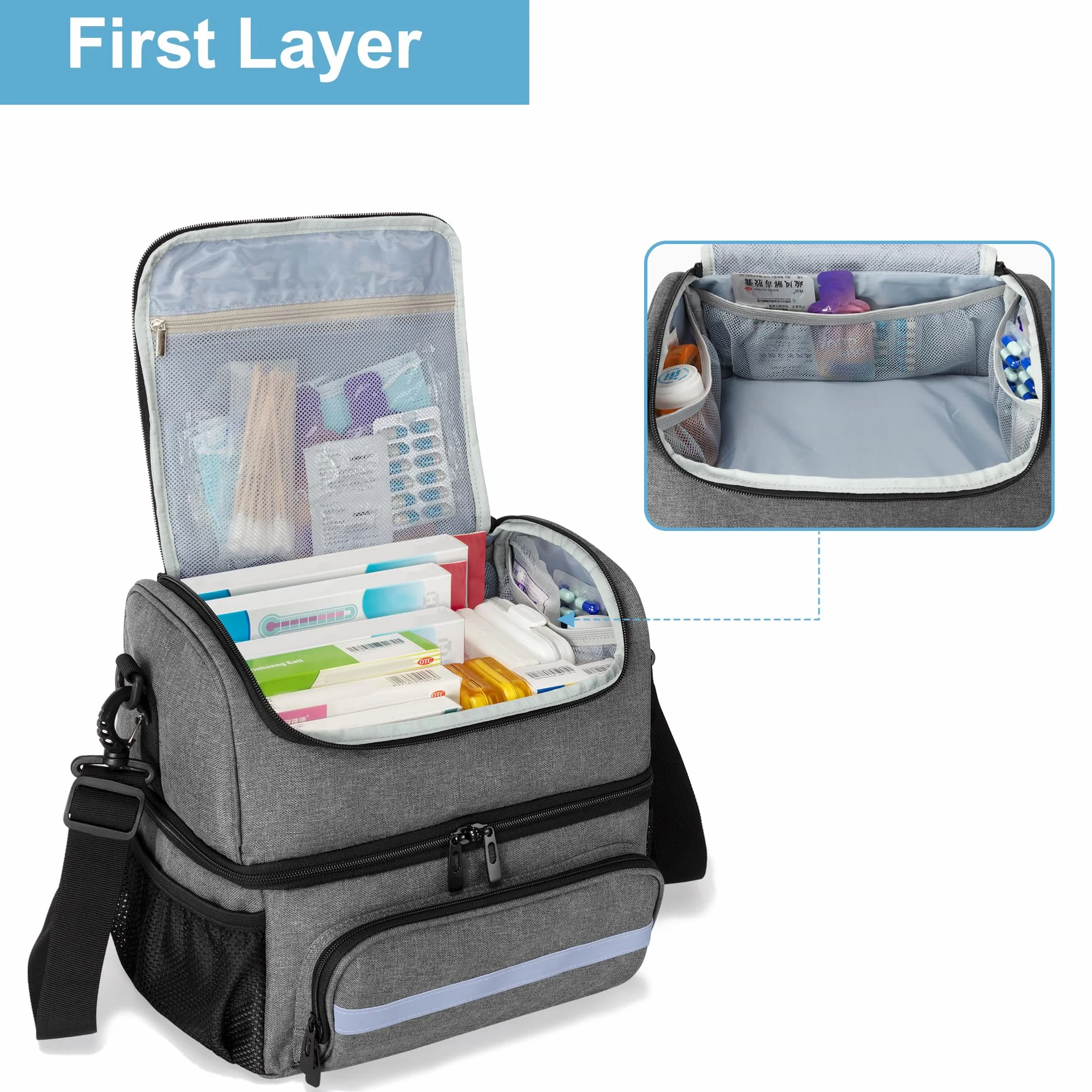 CURMIO Bolsa Médica Doble Capa Botiquín Primeros Auxilios Emergencia Medicamentos Gris