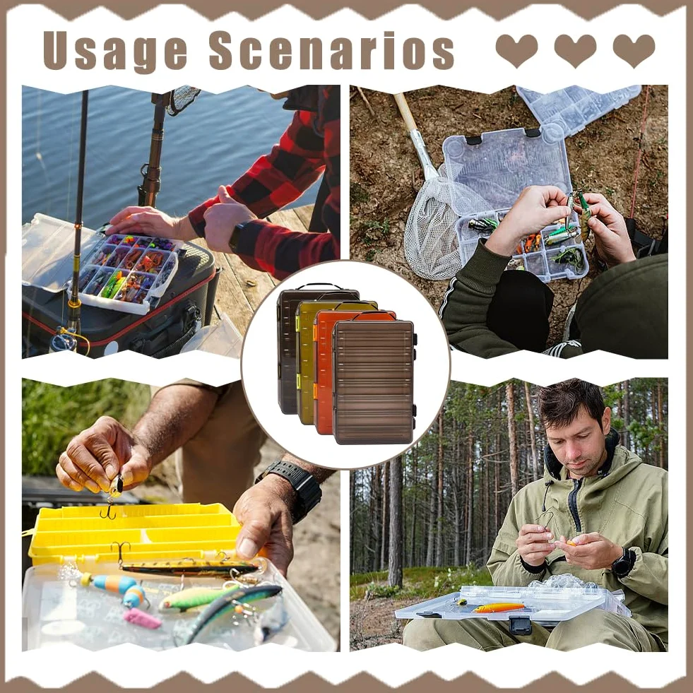 WEBEEDY Paquete de 4 cajas de señuelos de pesca de doble cara, caja de aparejos, 27,5 x 18 x 4,75 cm, plástico translúcido, almacenamiento de señuelos de pesca con hebilla para organizador de cebos de