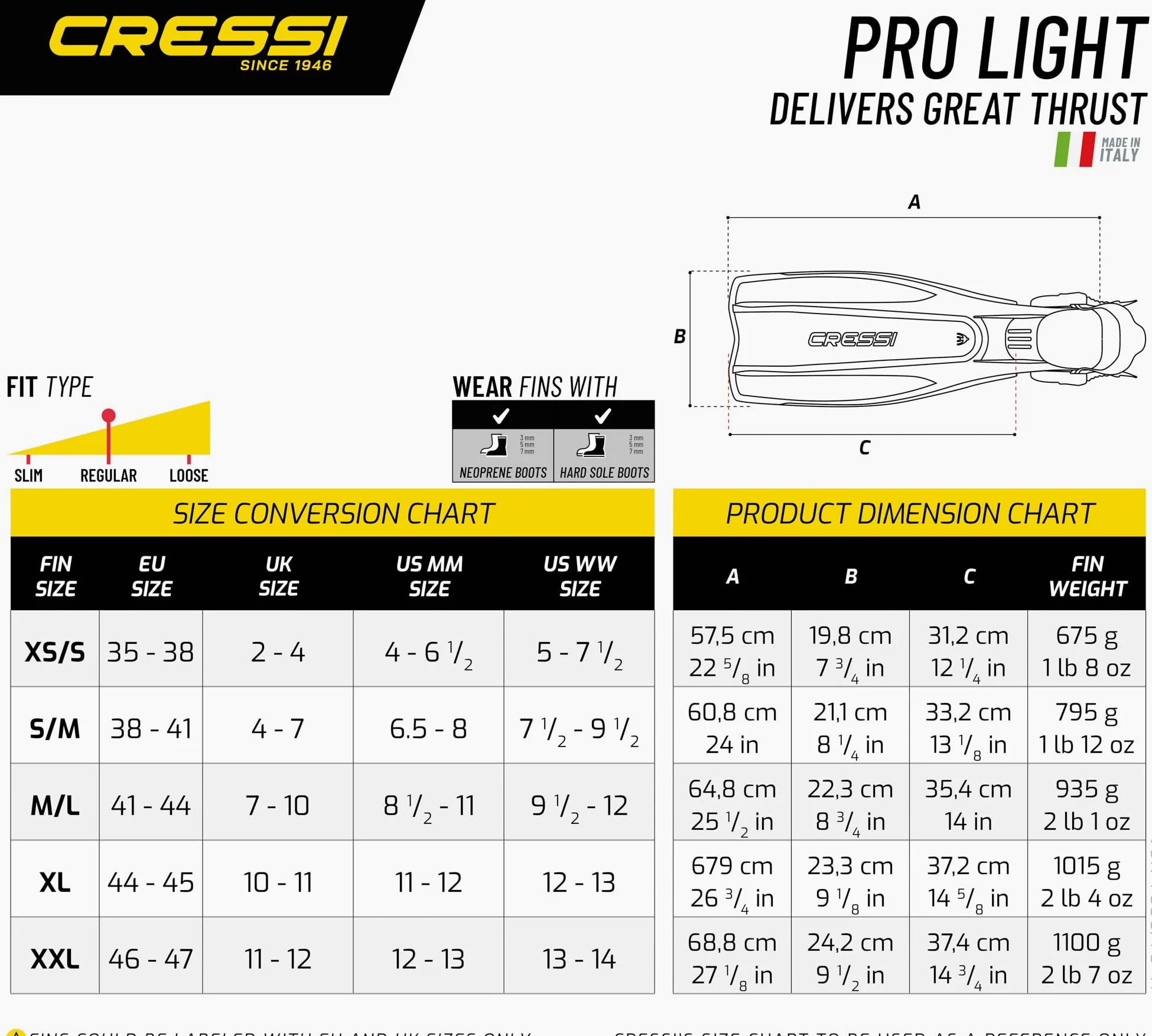 Cressi Pro Light - Aletas para Buceo con talón Abierto, Fabricadas en Italia, Calidad Italiana Desde 1946