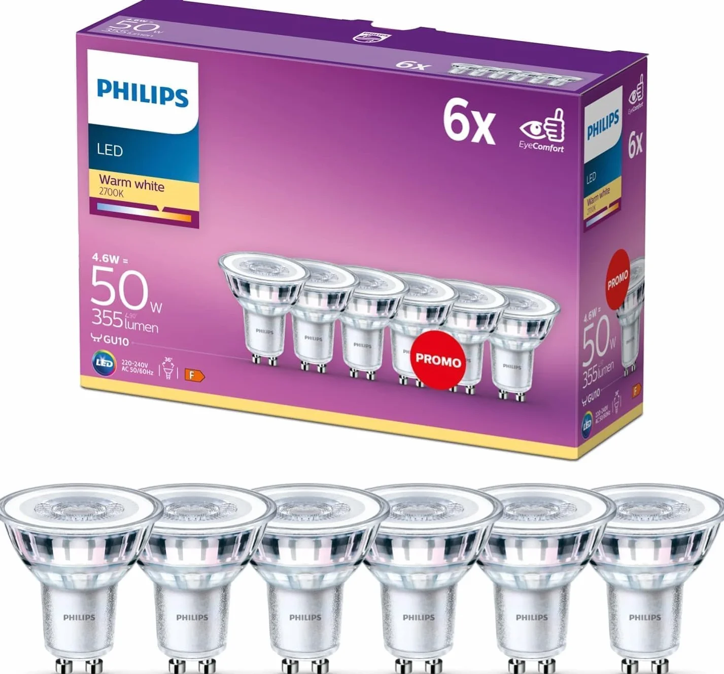 Philips Bombilla LED GU10 50W luz blanca cálida pack 6