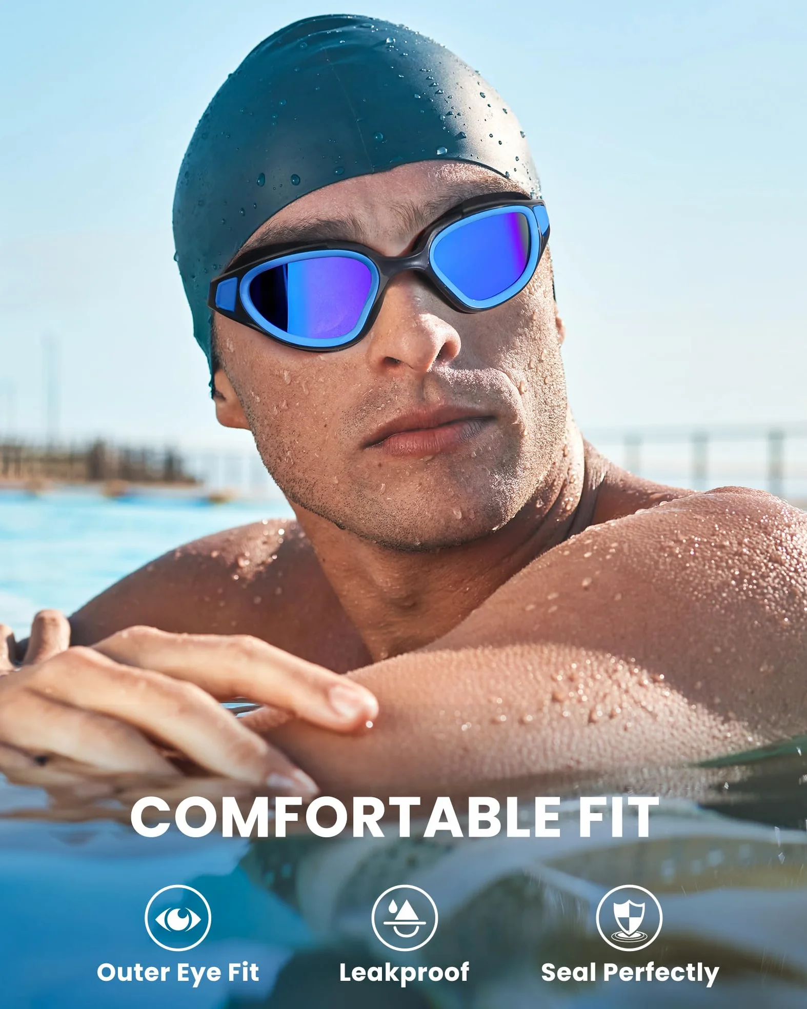 Freela Gafas de natación polarizadas para adultos, hombres y mujeres, gafas de natación para piscina de agua, visión amplia, transparente, antivaho, protección UV, gafas de natación azules para