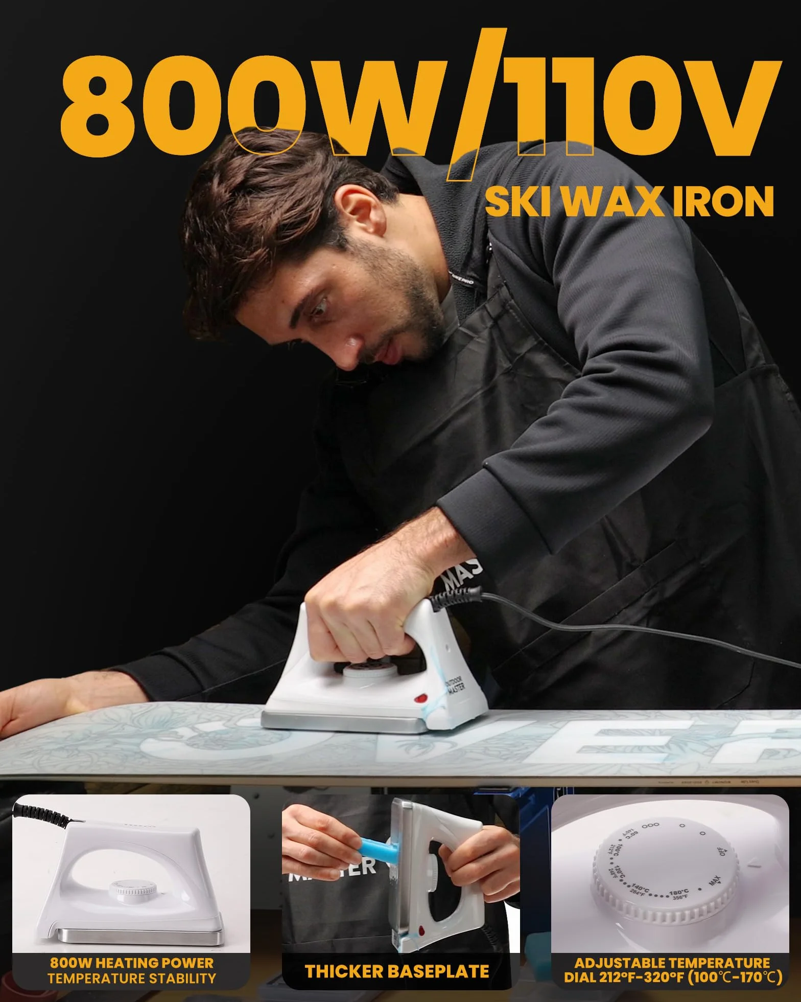 OutdoorMaster Kit de afinación y encerado para esquí y snowboard con plancha de cera, cera universal, afinador de bordes, cepillo, raspador de cera, Ptex, tornillo de fijación, banda de goma (negro)