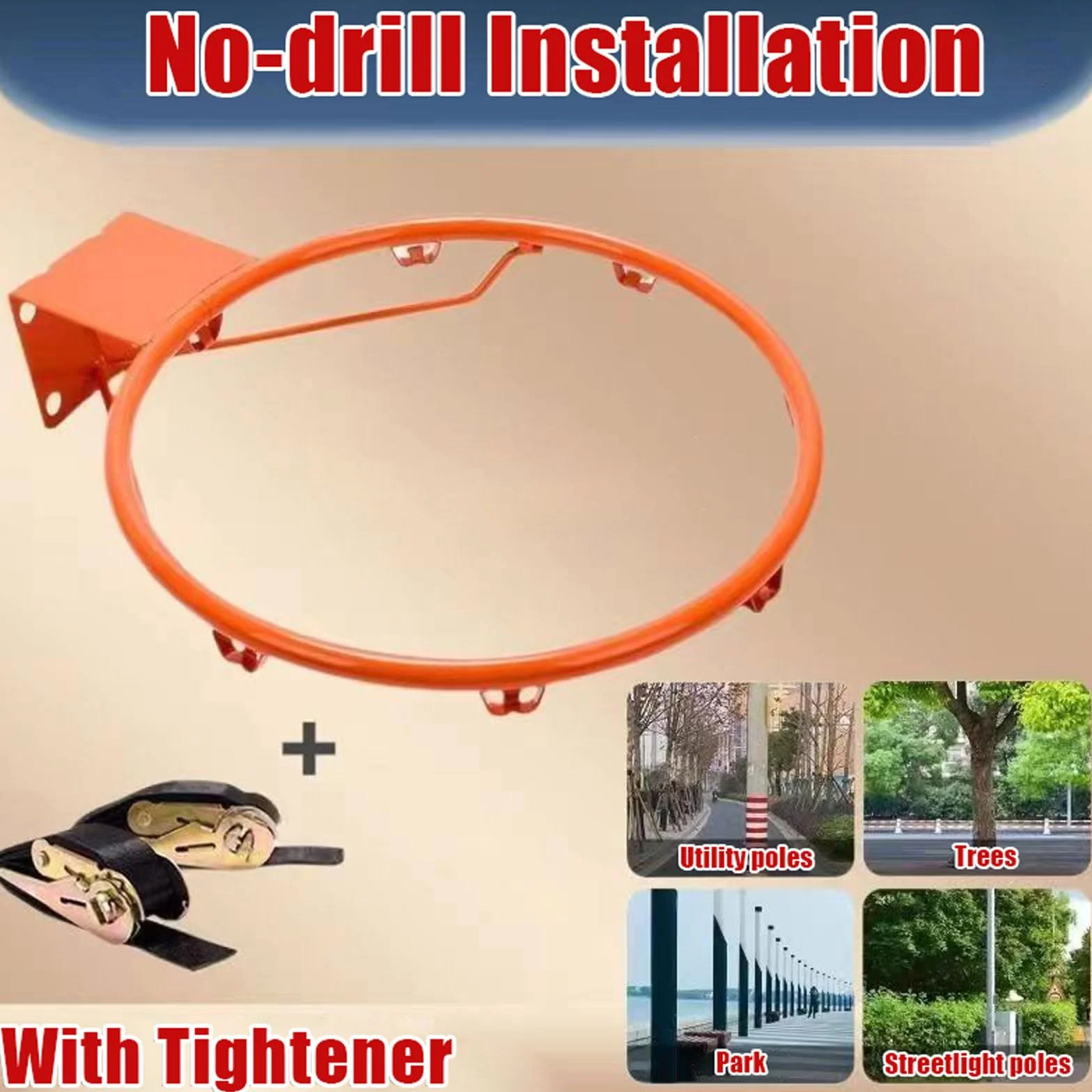 Aro de Baloncesto de Pared Exterior,Canasta Baloncesto Exterior Pared,Marcos De Red De Baloncesto Desmontable Portátil,con Correas Ajustables,para áRboles,Columna Redonda,Hierro