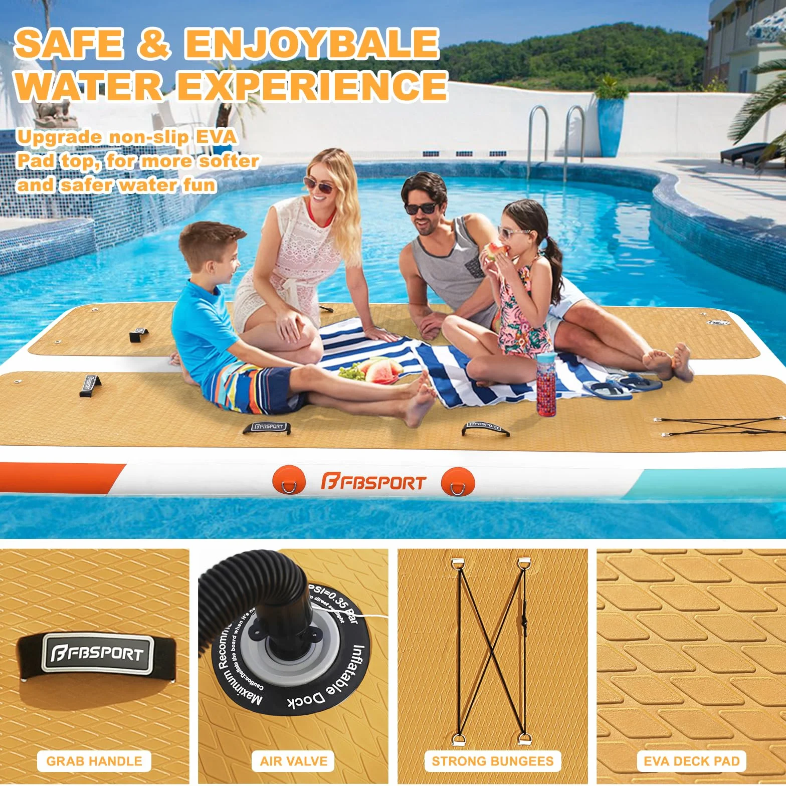 FBSPORT Muelle flotante inflable, plataforma de natación inflable de 10 pies para lago, alfombrilla flotante de agua inflable con superficie de EVA antideslizante, isla flotante para piscina, playa,