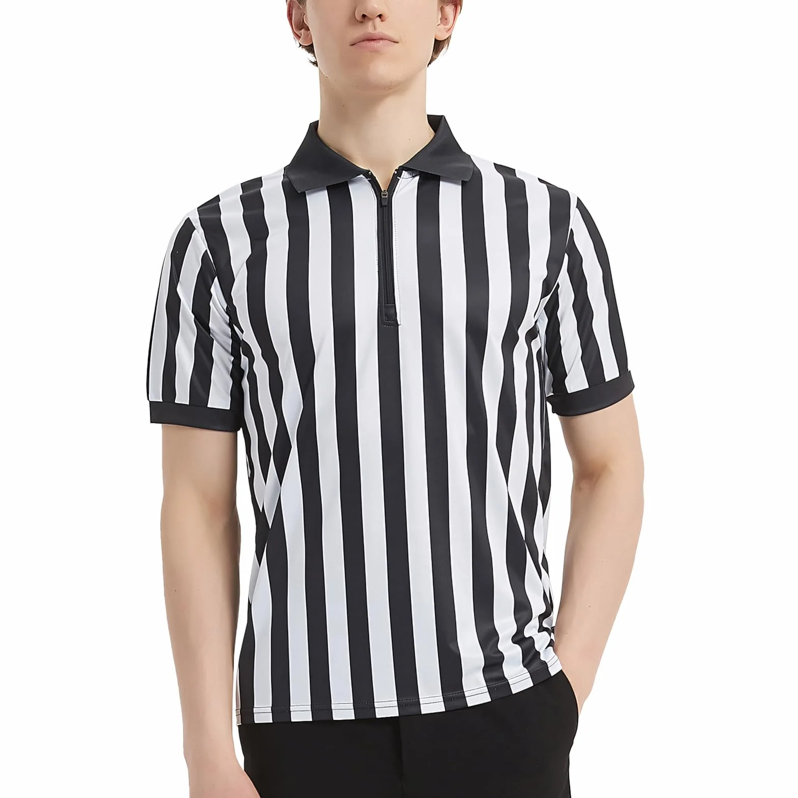 TopTie Camisetas árbitro Disfraz árbitro Personaliza Camiseta Polo T-Shirts Manga Corta con Cremallera 1/4 Camiseta Rayas Negras y Blancas
