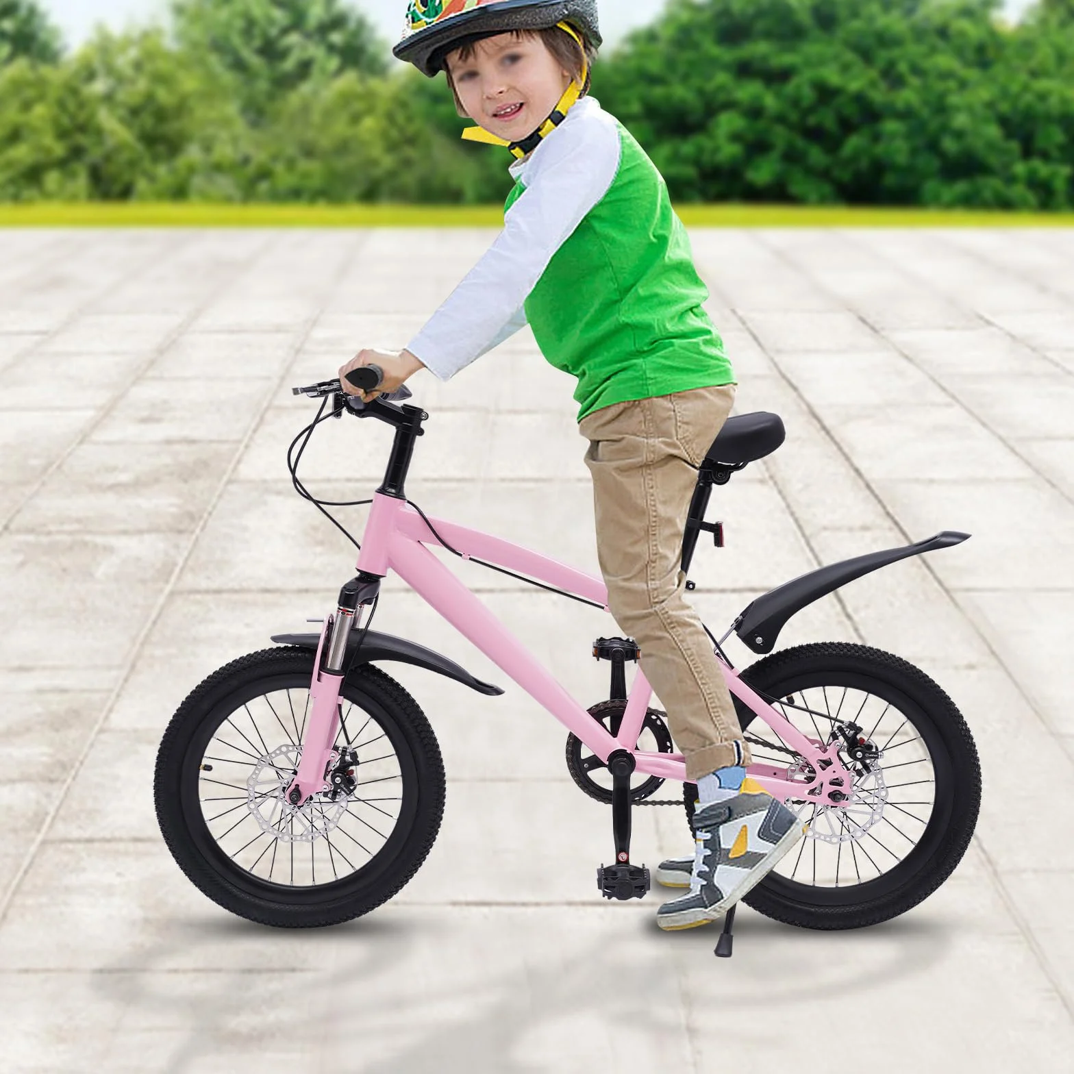 Bicicleta de montaña 18 pulgadas niños guardabarros reflectores freno pedal rosa negro