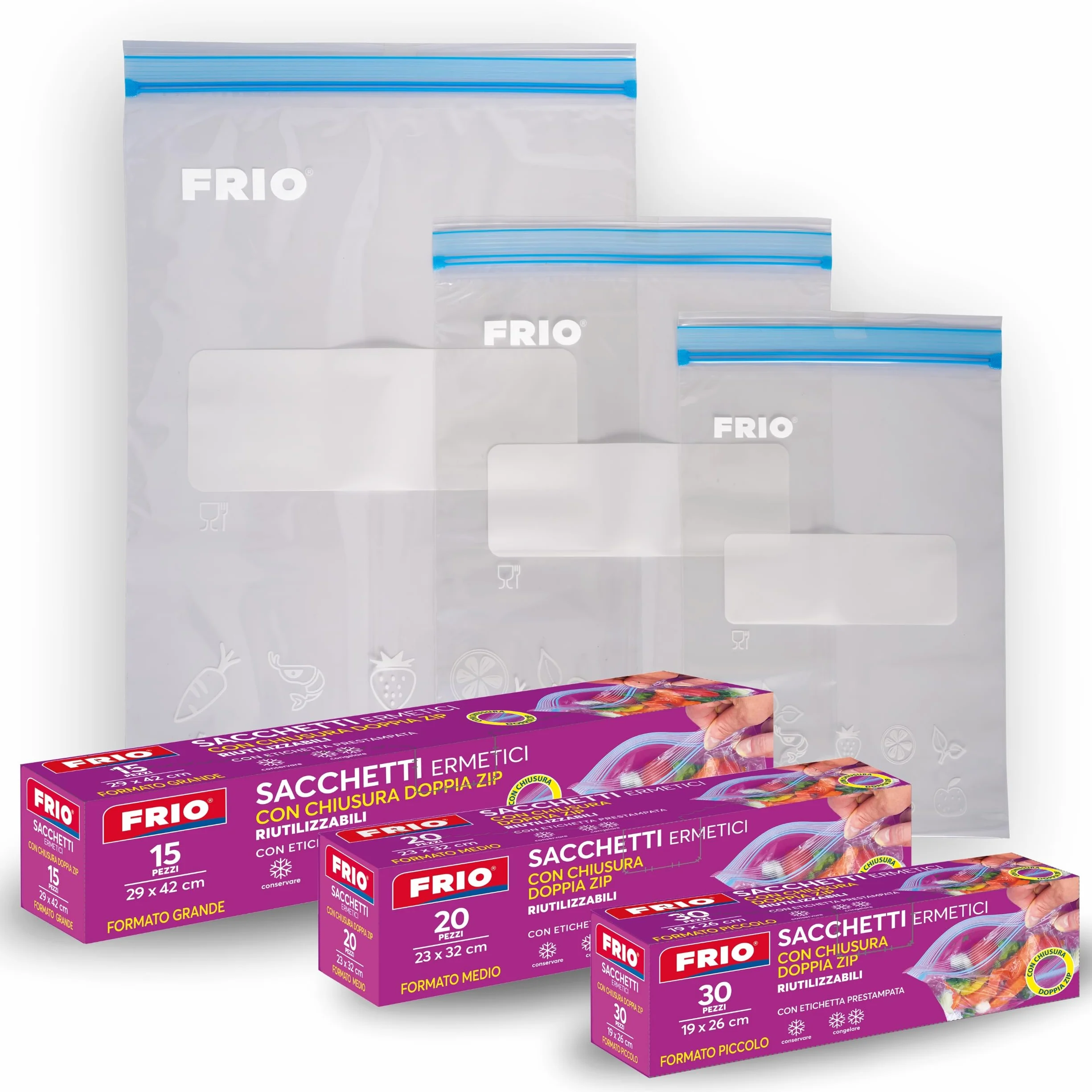 FRIO Bolsas grandes para congelar 6L Talla L 29x42 cm reutilizables cierre hermético sin BPA