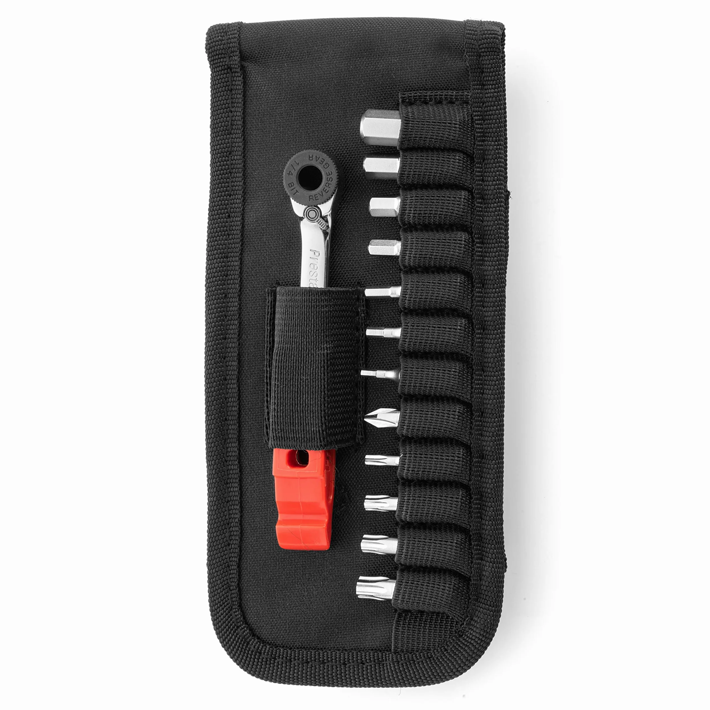 Prestacycle PrestaRatchet GO Wallet - Multiherramienta 6 en 1, juego de mini destornilladores de trinquete de 12 piezas, llave de trinquete hexagonal de 1/4 con palanca de neumáticos, kit de
