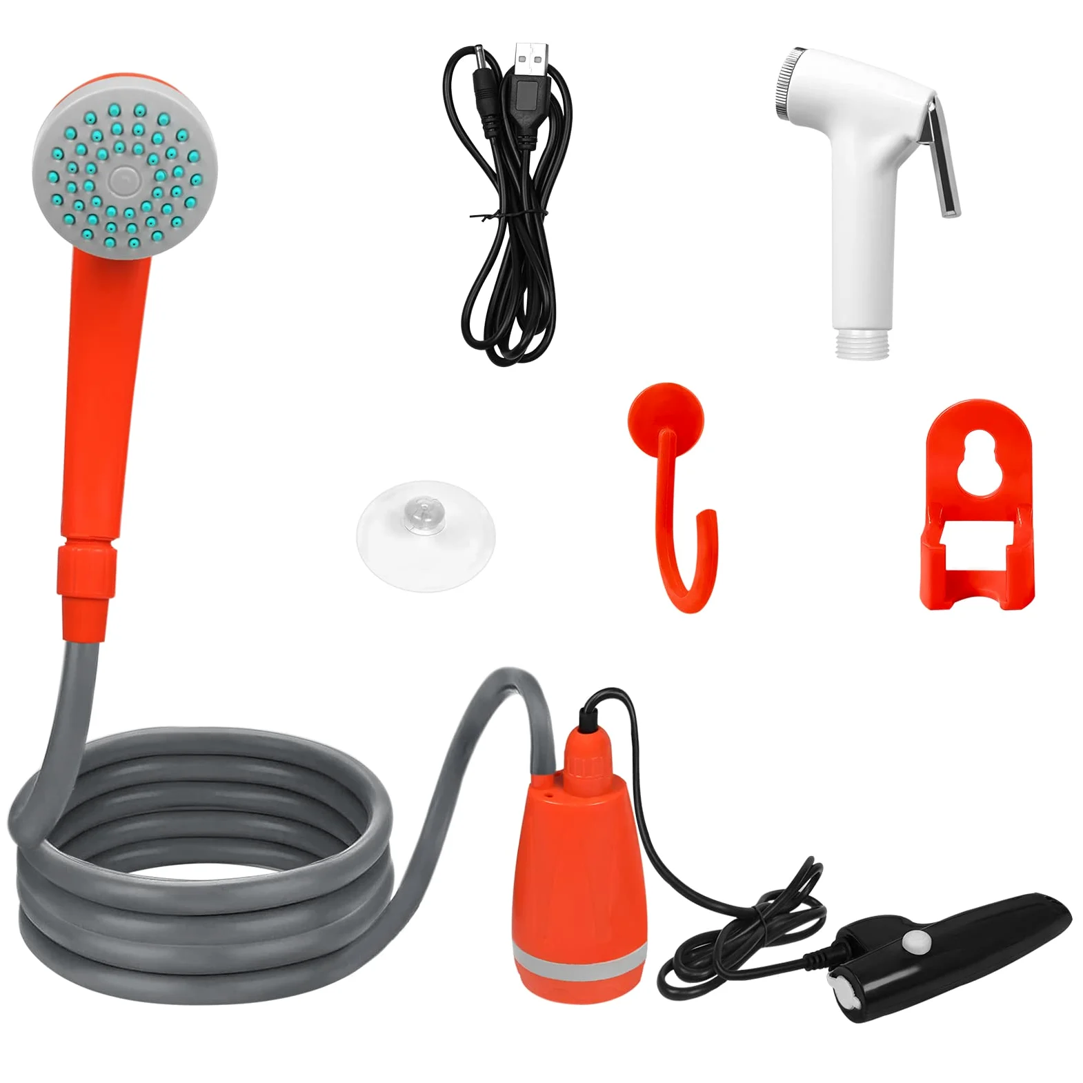 UISEBRT Ducha de camping con bomba de batería – Ducha portátil para camping al aire libre con bomba sumergible recargable, cable de carga USB, para jardín, playa, camping, viajes, lavado de coche,