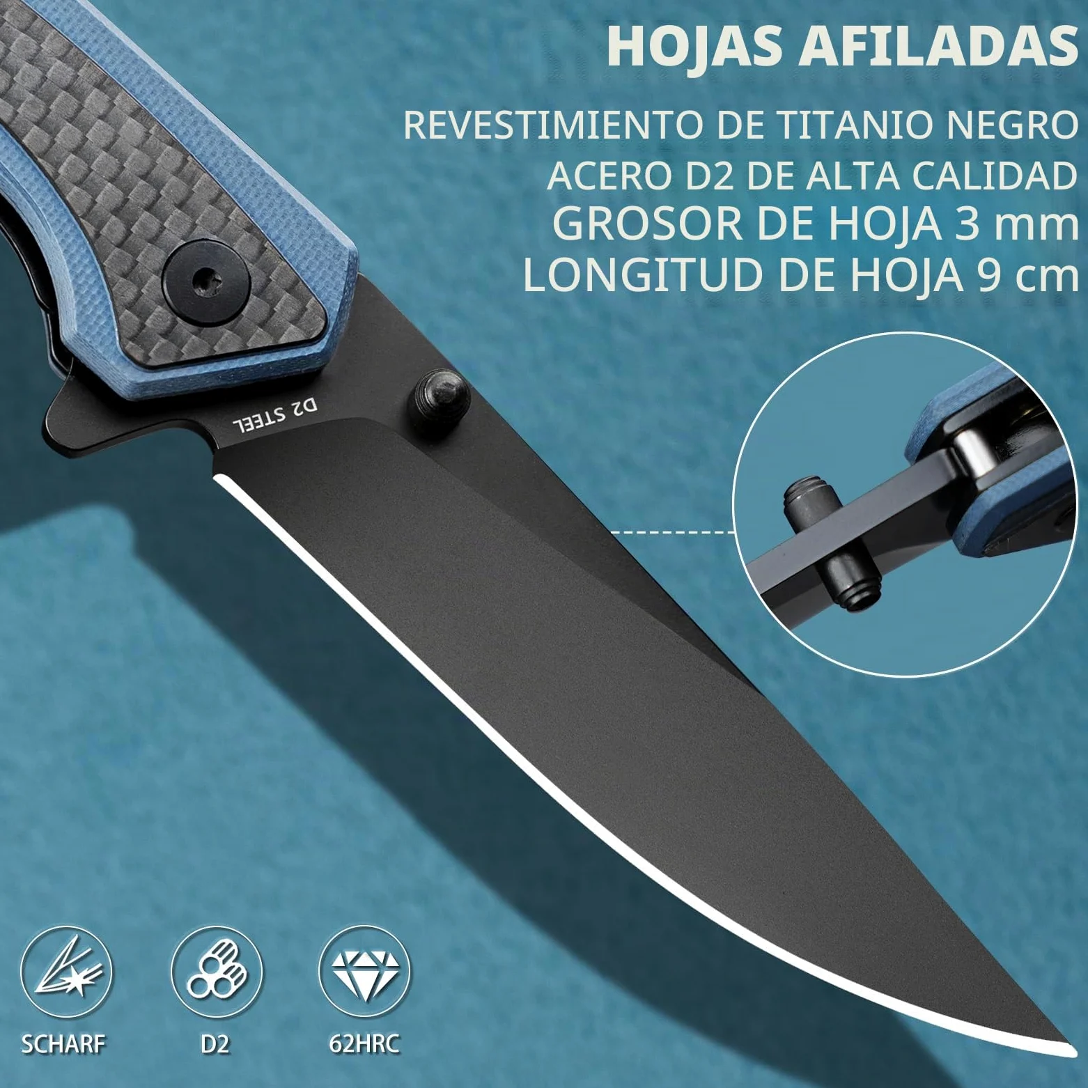 NedFoss Afilada navaja plegable, navaja de bolsillo con clip, cierre de forro seguro, Cuchillo de una mano de acero d2, adecuada para camping, Adecuado para camping, senderismo