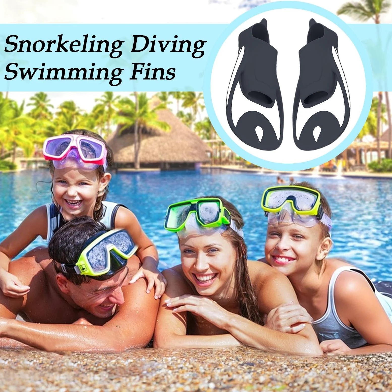 Aletas de natación – 15 pulgadas PP | Aletas de goma – Equipo de buceo de tacón corto para adultos y niños, ideal para esnórquel, buceo libre, buceo, natación, entrenamiento de playa y deportes