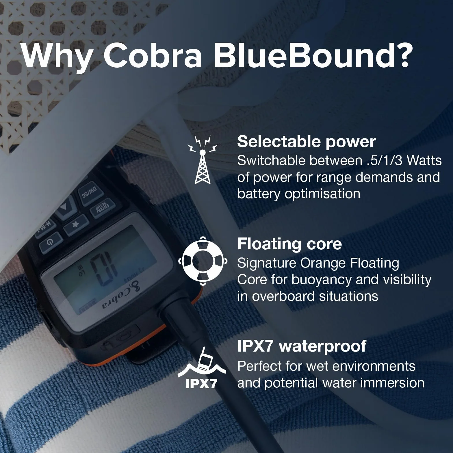 Cobra BlueBound 150 Radio Marina VHF de Mano, 3 W, Flotante, IPX7 Impermeable, Sumergible, Pantalla LCD, escaneo de Memoria, Clip para cinturón, Color Negro