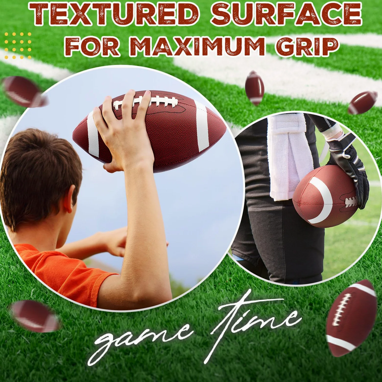 RoundFunny 6 balones de fútbol para jóvenes con 6 bombas de cuero compuesto para niños, jóvenes, adultos, equipo universitario, entrenamiento de escuela secundaria, práctica en interiores y exteriores
