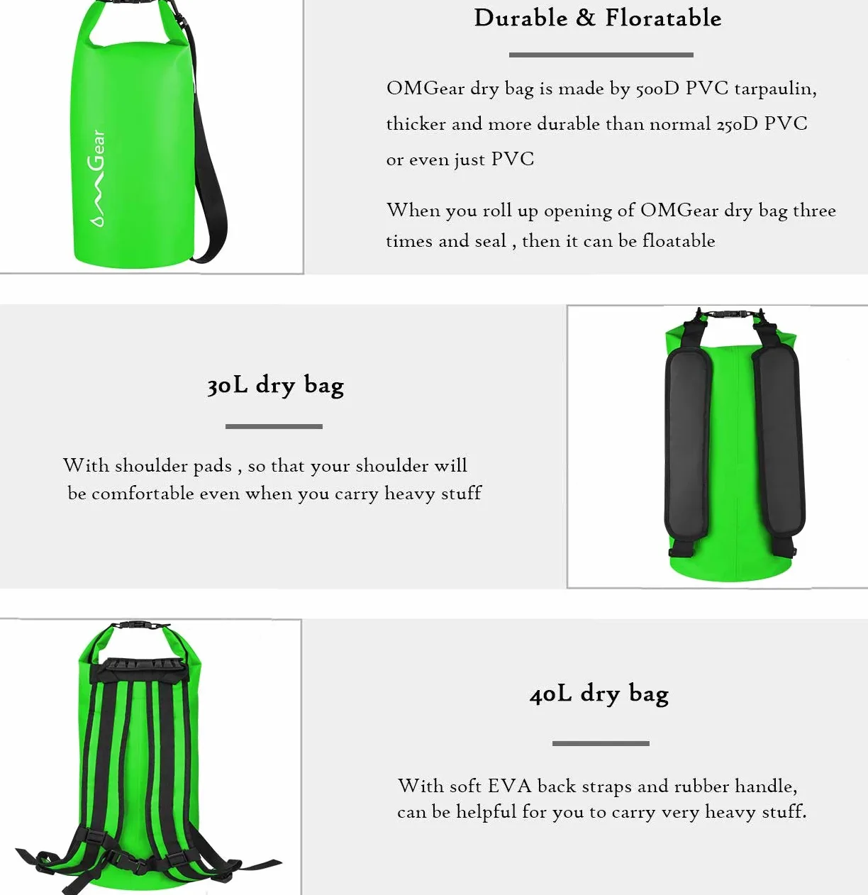 OMGear - Mochila Impermeable con Bolsa Seca para teléfono, 40 L/30 L/20 L/10 L/5 L, Bolsa Seca Flotante para Kayak, navegación y Actividades al Aire Libre