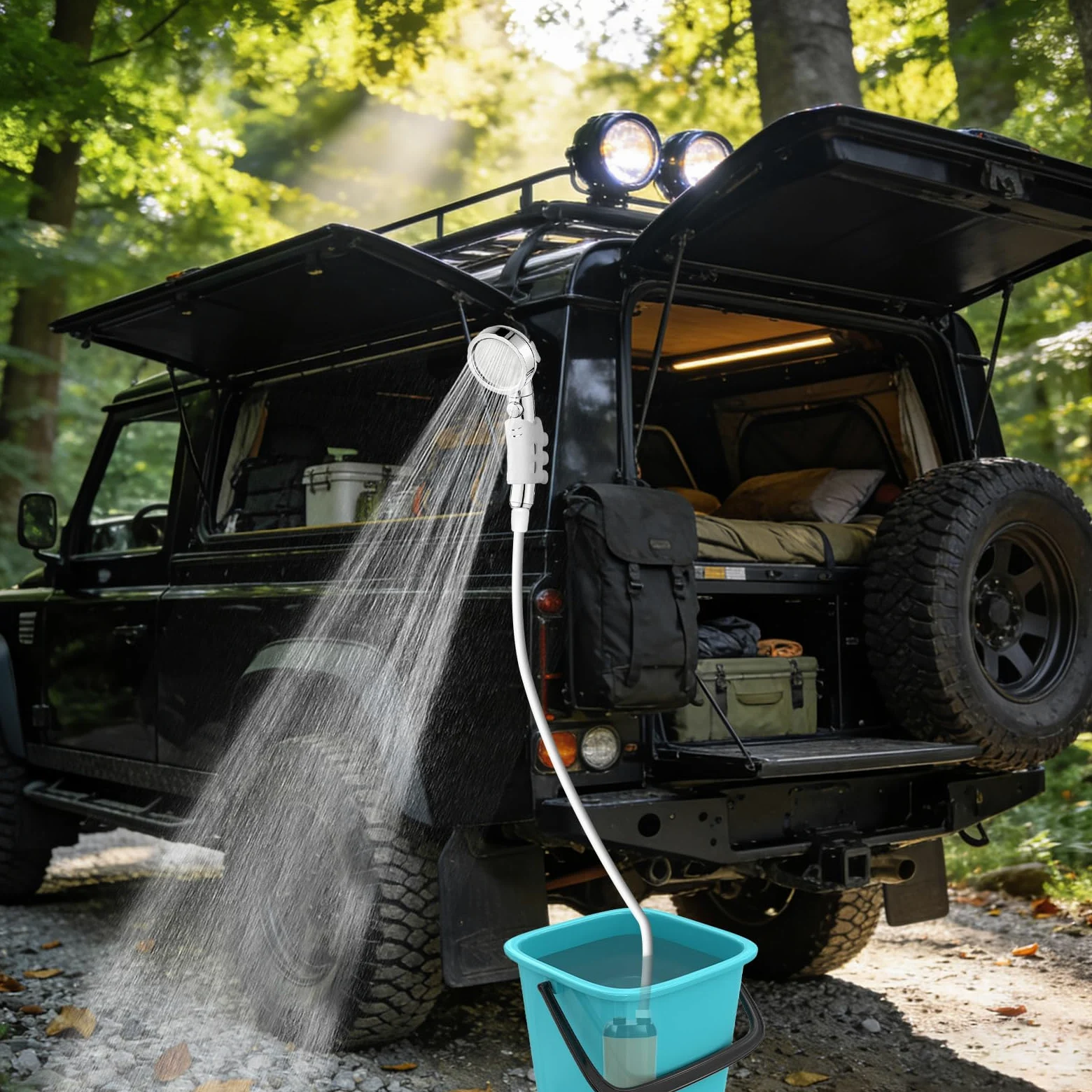 Ducha de Camping portátil con batería y Bomba, Pantalla inteligente bomba de agua autocebante ajustable de dos niveles con manguera de ducha y accesorios, 6000 mAh, valor Wh 22.2.