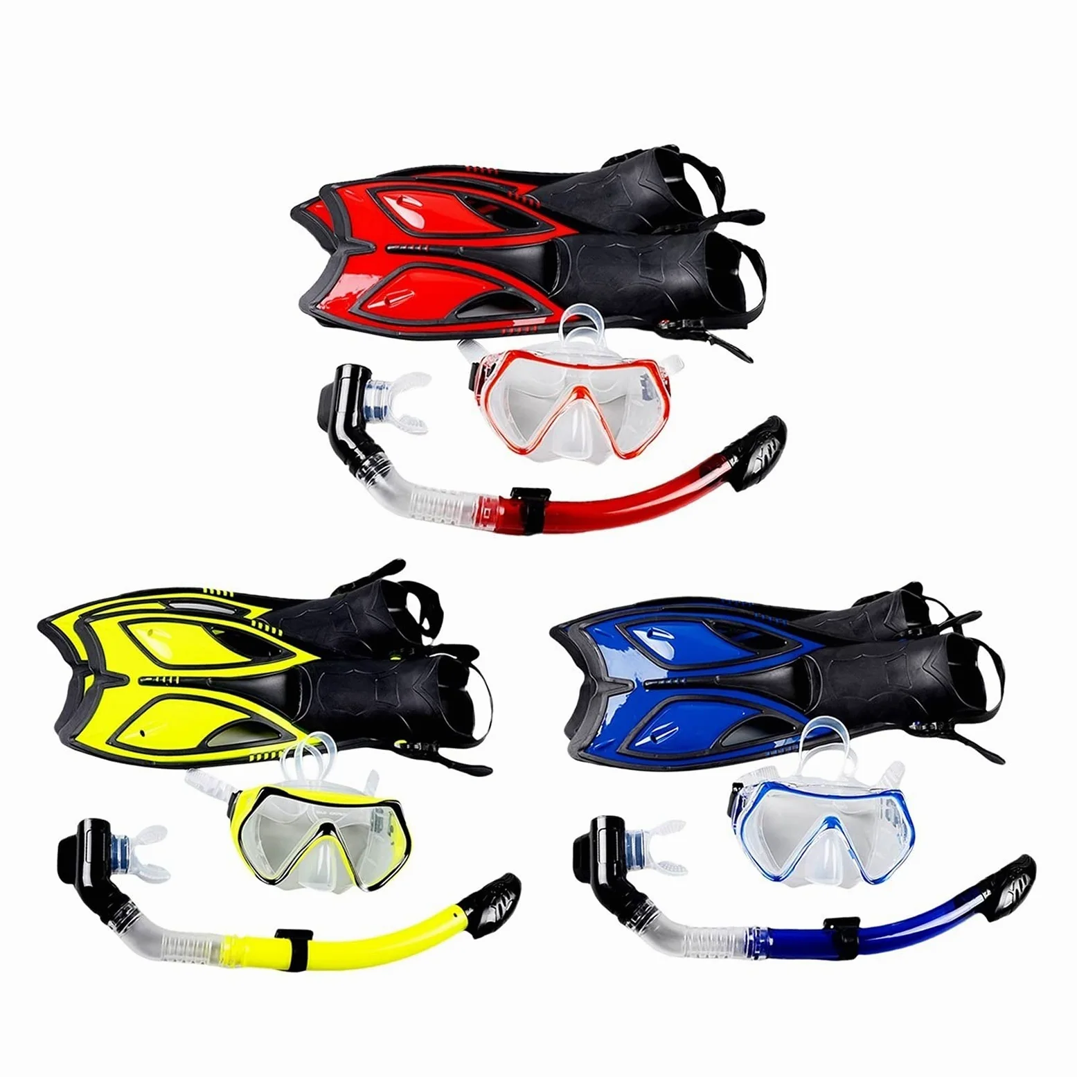 Juego de Snorkel Amarillo con Marco de Vidrio Templado y Gafas de Buceo para Adultos, Experiencia de Snorkel en seco con Aletas largas (Azul S Talla única)