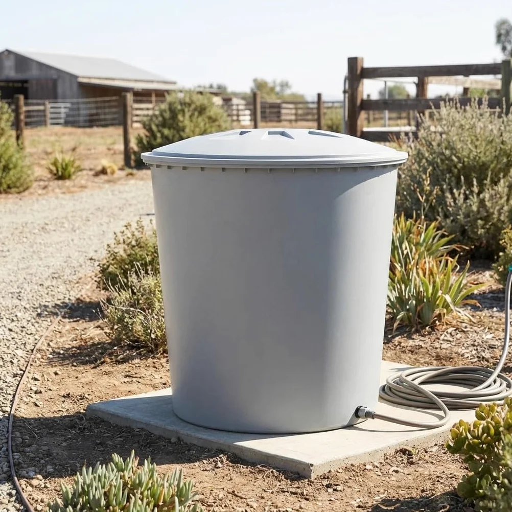 DEPÓSITO Polietileno 500 litros Agua Potable. Diámetro 100 cm, Alto 110 cm. Incluye Tapadera con Dispositivo de Seguridad contra el Viento, Gris