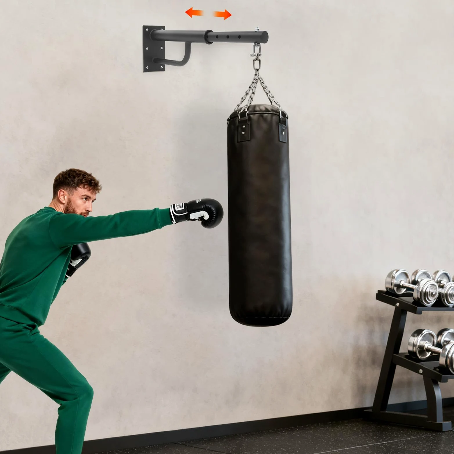 Soporte de pared para saco de boxeo de 5 niveles, gancho giratorio 360°, capacidad 150 kg