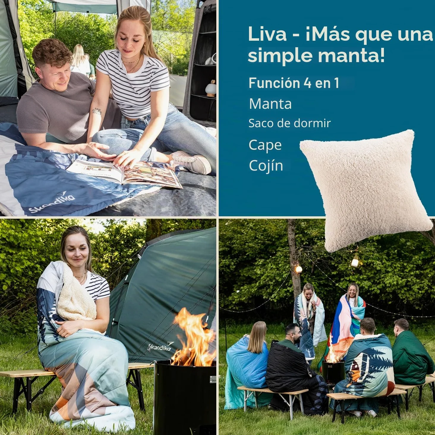 Skandika Manta de Camping para Exteriores Liva | 4 en 1, 200 x 135 cm, Colcha, Saco de Dormir, Almohada, con Parte Inferior de Piel de Borreguito o Nailon