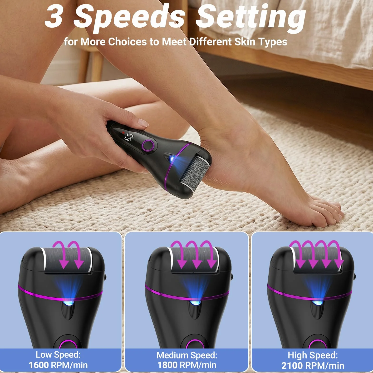 Lima Eléctrica Pies con 3 Rodillos y 17 Herramientas, 3 Velocidades, Profesional Foot File para Eliminar Durezas y Callos (Negro)