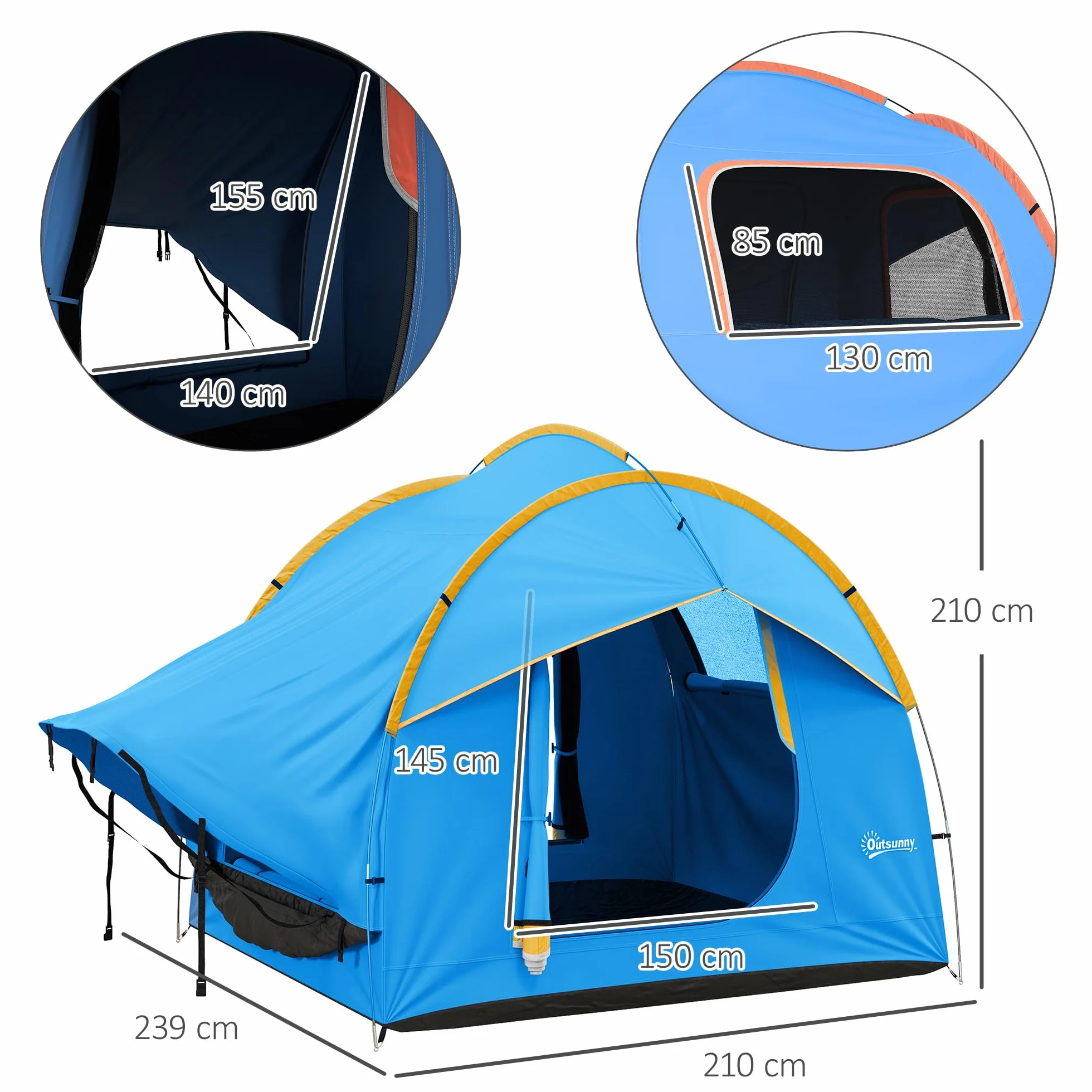 Outsunny 5-6 Personas Familia Hatchback Coche Tienda de campaña SUV con 3 Puertas y Ventana de Malla, para Trekking, Camping y Senderismo, Azul y Naranja
