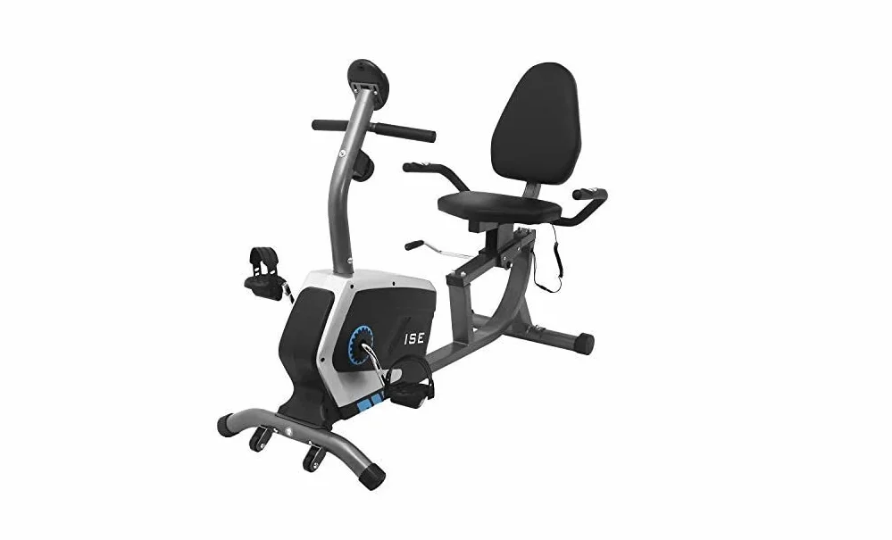 ISE Bicicleta Estática con Respaldo para casa, Bicicleta Estatica Magneticacon 8 Niveles de Resistencia,Sensor de Pulso, Bicicletas Estaticas Rehabilitacion indoor,Bici estatica profesional Máx.120 kg