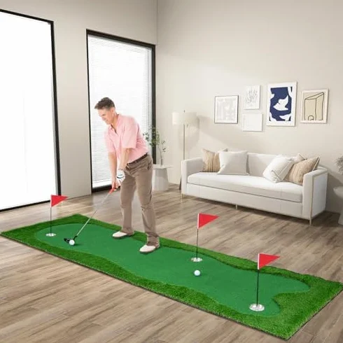 Esterilla de Golf 300 x 100 cm, Césped Artificial, 2 Bolas, 3 Agujeros, Plegable, Entrenamiento