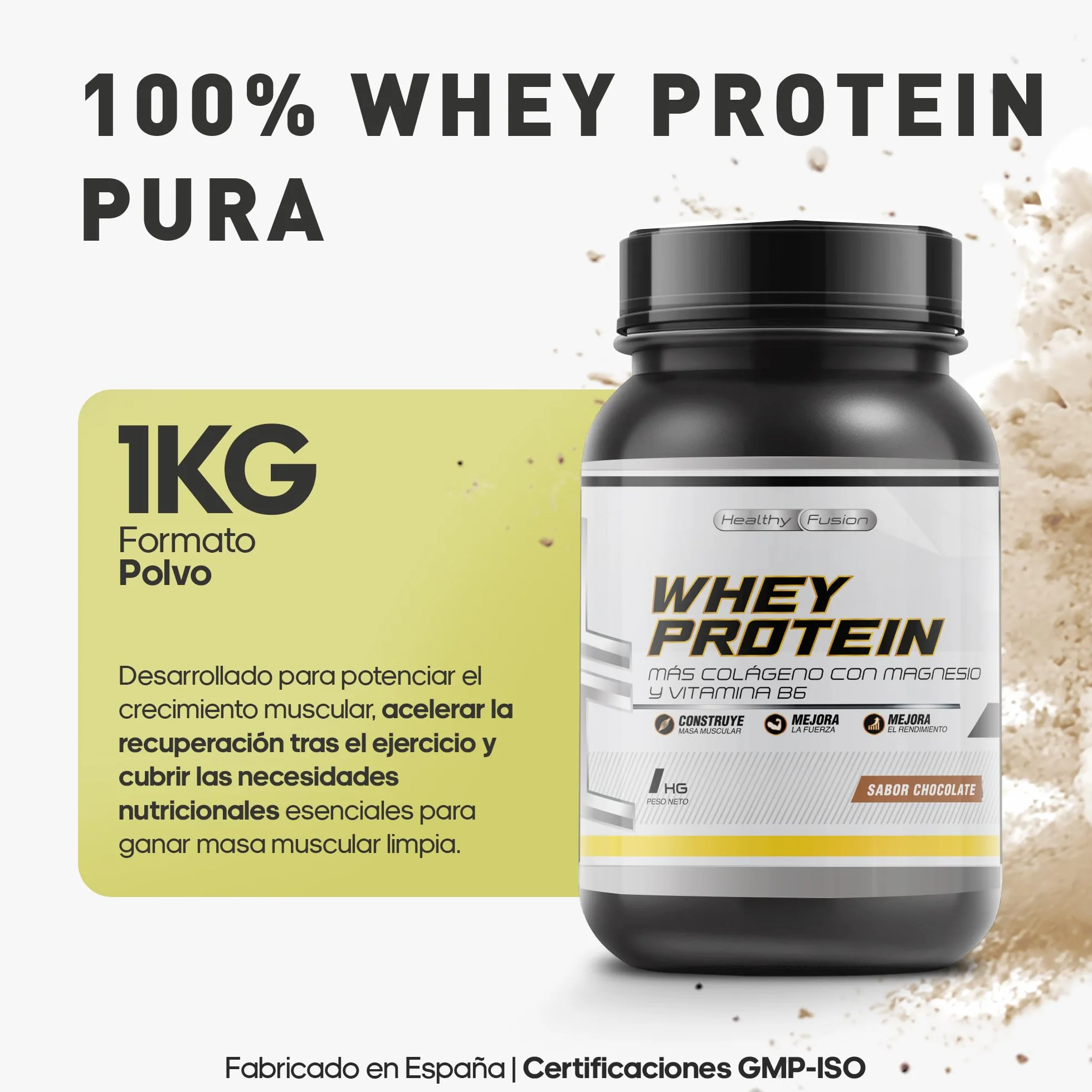 Whey Protein 1KG Polvo Chocolate 43g Proteína BCAA Glutamina Colágeno Magnesio Vitamina B6