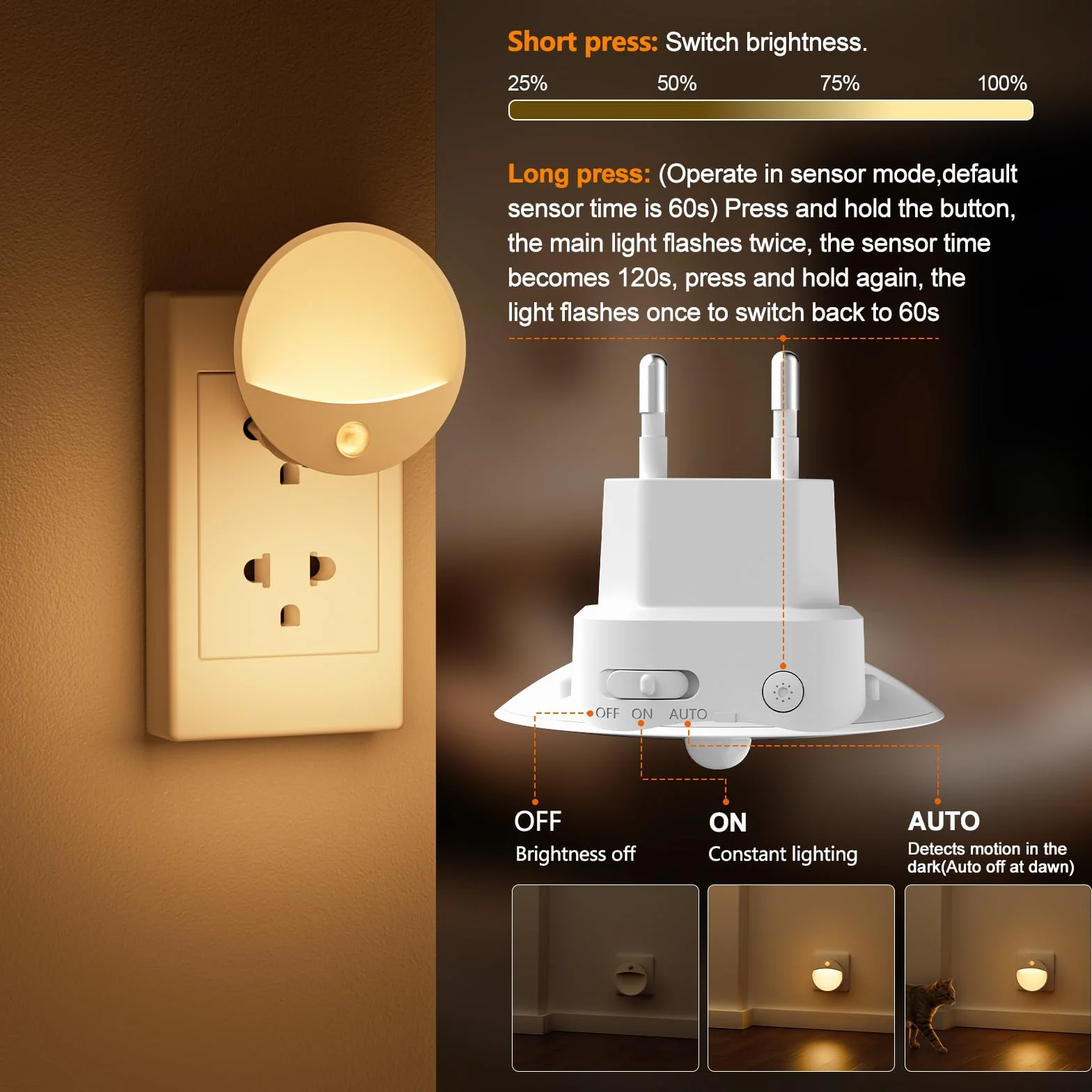 Luz Nocturna LED Enchufable con Sensor de Movimiento y Crepuscular, Brillo Regulable, 2 Unidades