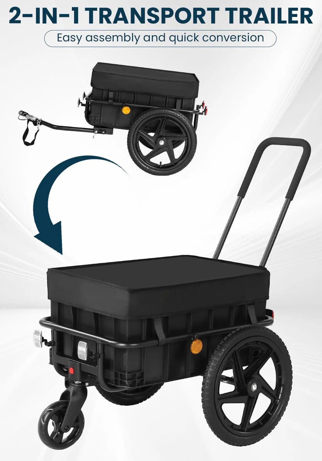 SEPNINE 2 en 1 Remolque de Bicicleta, Remolque de Carga con Enganche, Carro de Mano con Barra de Empuje, Marco de Hierro, Neumáticos de 40 cm, Capacidad de Carga de 40 kg