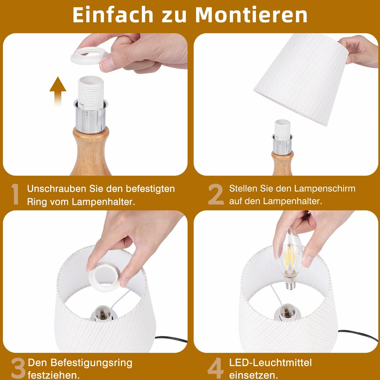 Lámpara de Mesita de Noche, Pantalla de Tela de Lino Beige, 3000K Blanco Cálido, Bombilla LED E14 Incluida, 1 Pieza