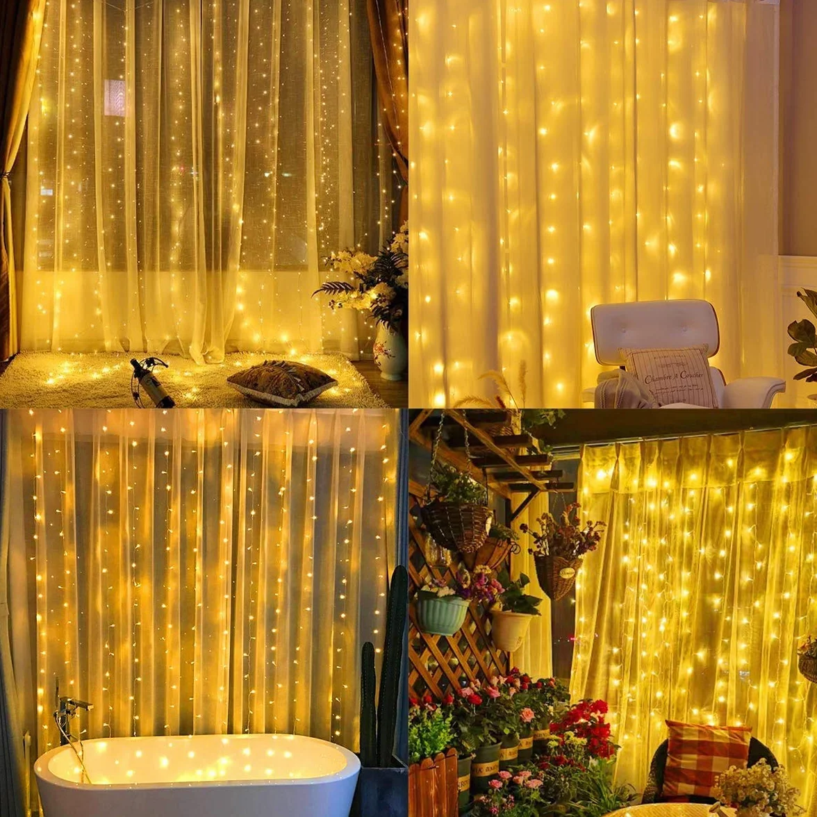 SUNNOW Cortina de Luces 300 LED 300x300cm 8 Modos con Mando USB Impermeable para Fiestas Navidad Bodas