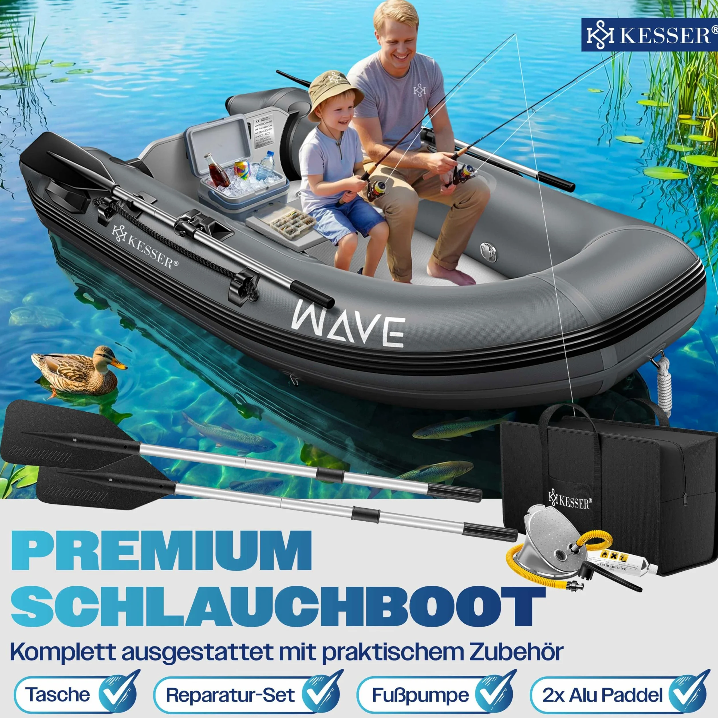 KESSER® Bote inflable Wave de 230 a 380 cm, juego de 6 piezas – barco + banco, bomba de aire, remo, kit de reparación, bolsa, bote de pesca, bote de remo pequeño y grande – combinación de motor