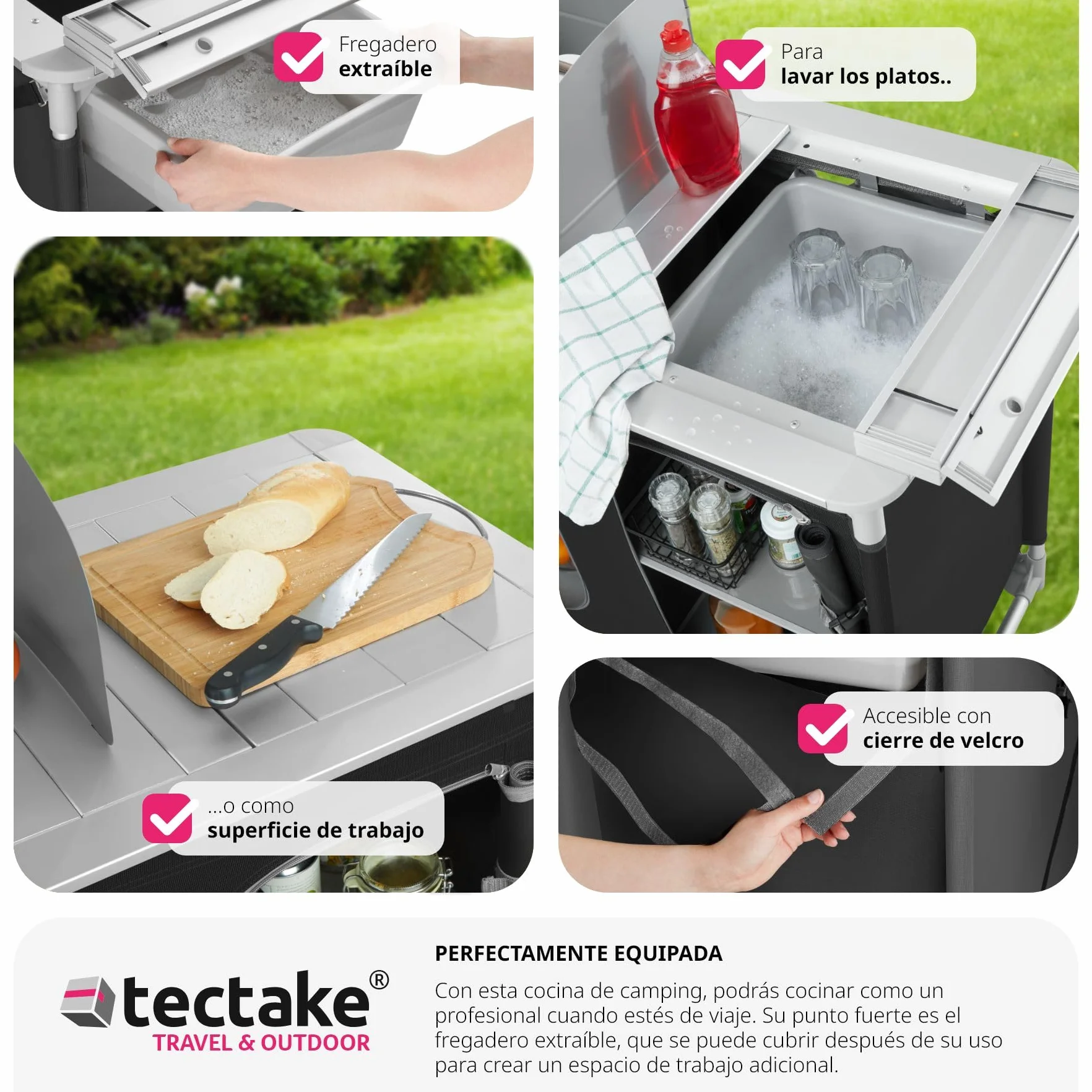 tectake® Cocina de Camping Plegable, Ligera, con Bolsa de Transporte, Accesorios de Cocina, Mesa Plegable Camping, Estructura de Aluminio - Negro